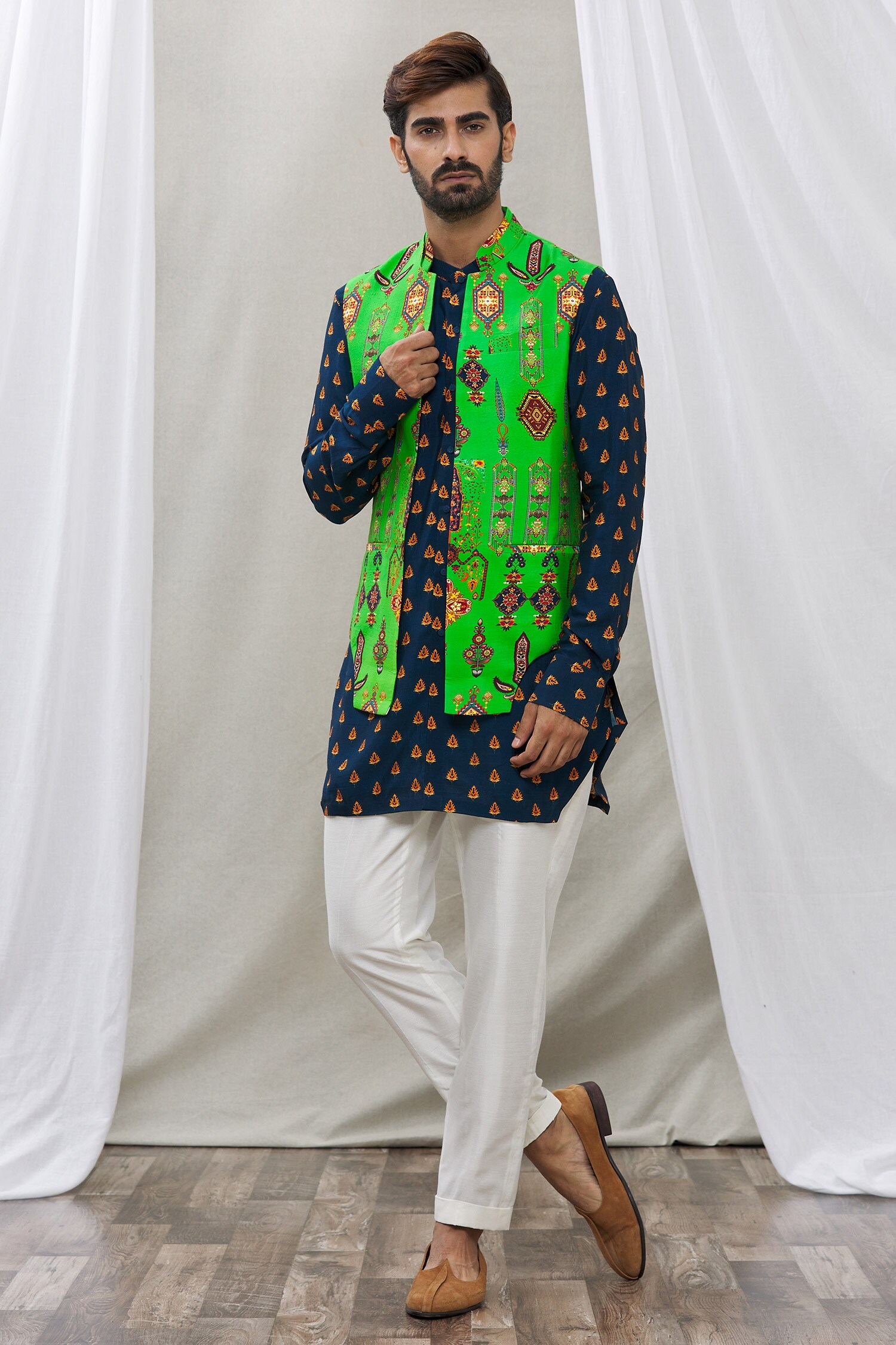 Ankur J Green Cotton Silk Printed Waistcoat And Kurta Set