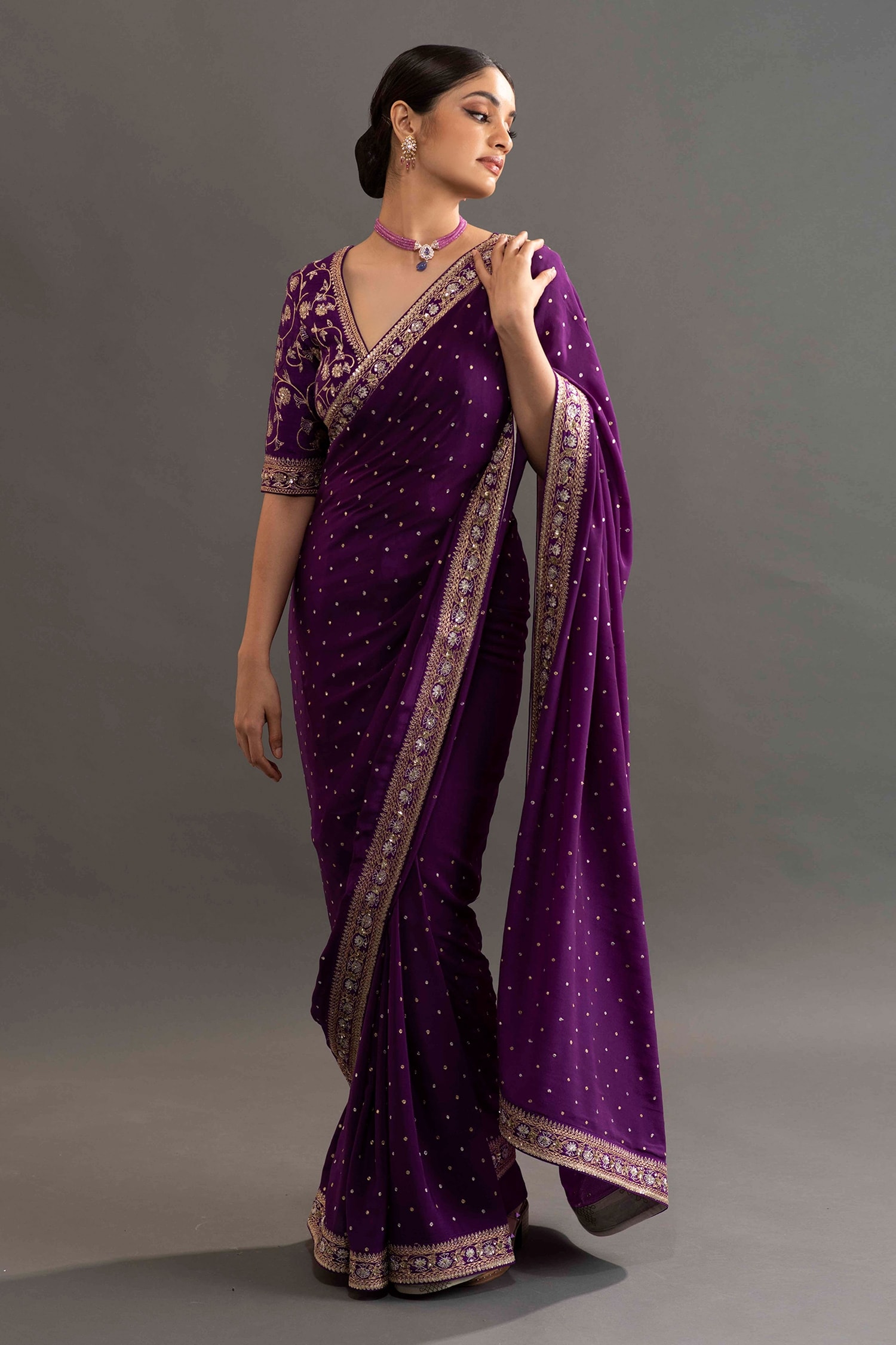 Buy Kavitha Gutta Purple Crepe Shreya Embroidered Saree With Blouse ...