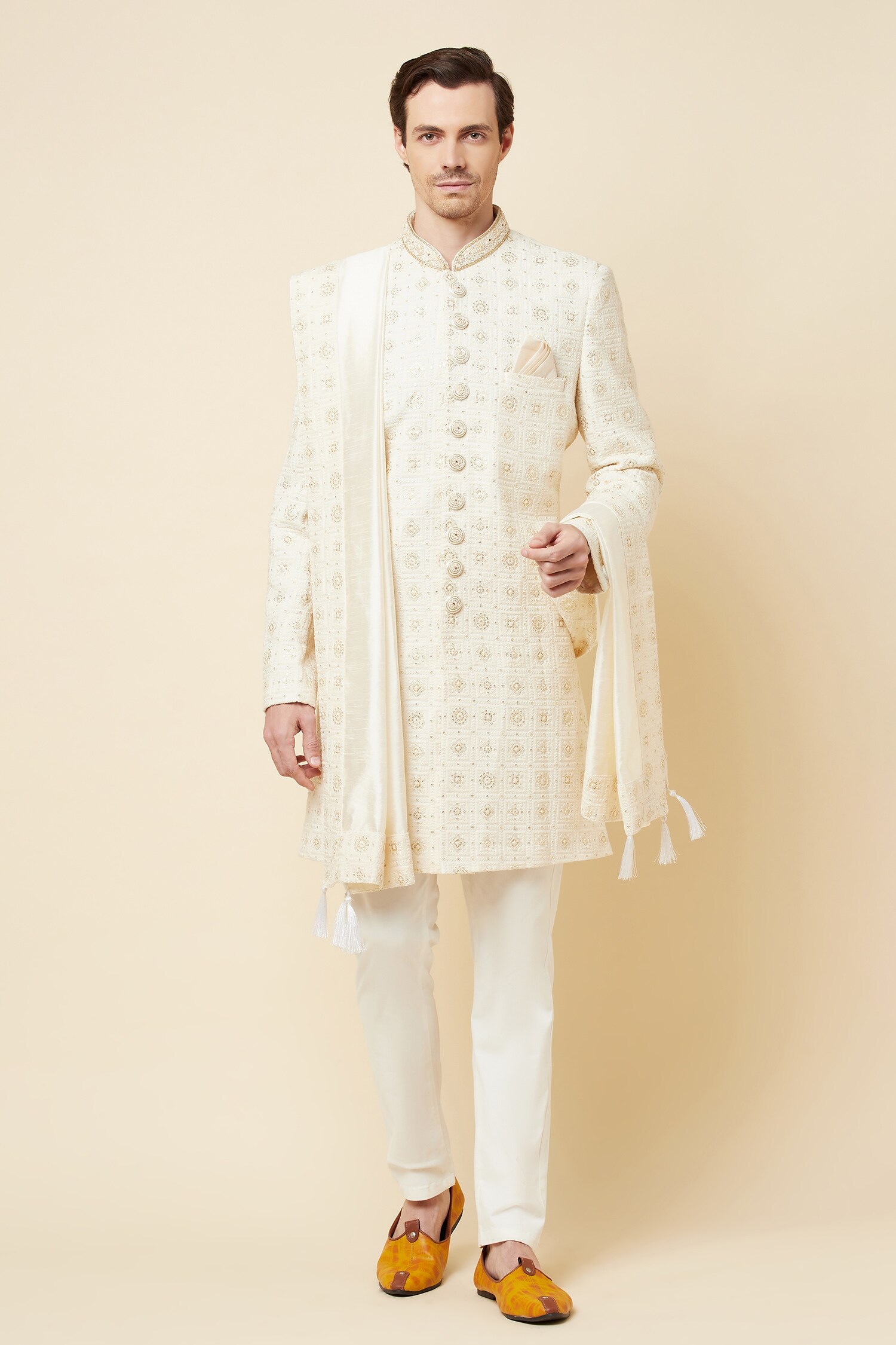 Spring Break White Polyester Cotton Lucknowi Embroidered Sherwani Set