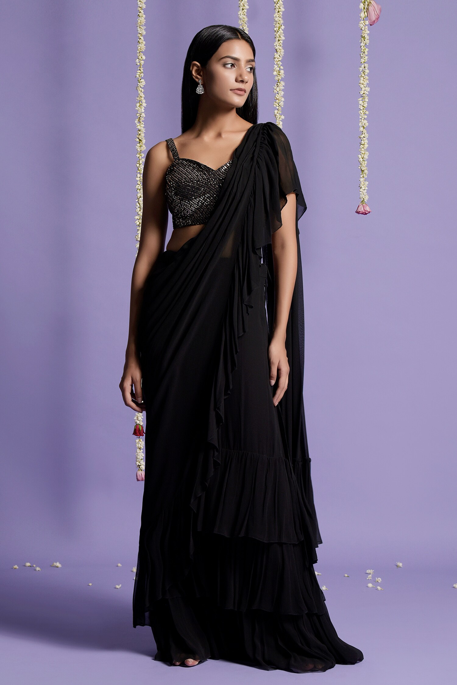 Two Sisters By Gyans Black Viscose Pre-draped Ruffle Saree With Blouse