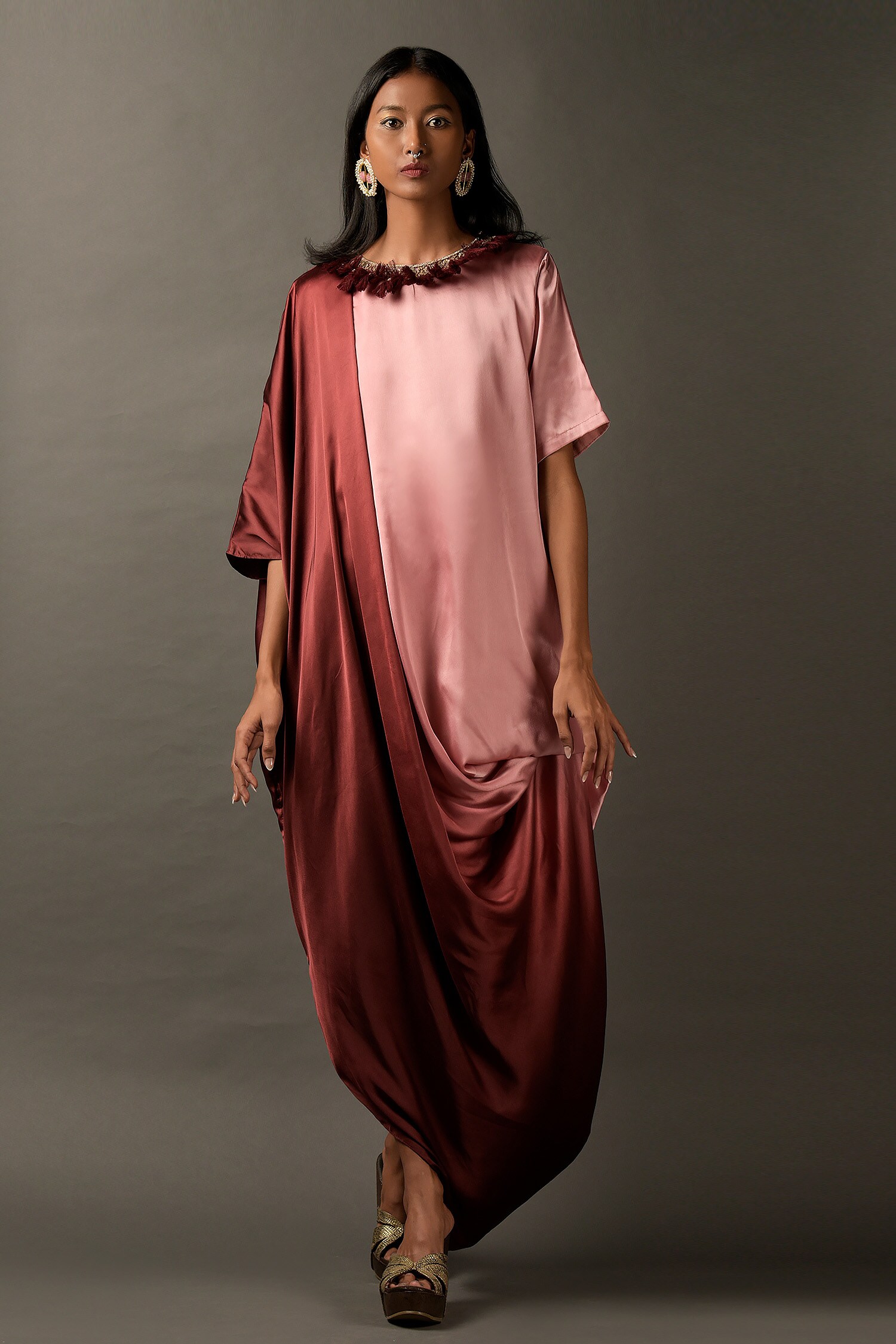 Buy Two Sisters By Gyans Maroon Viscose Ombre Draped Gown Online | Aza ...
