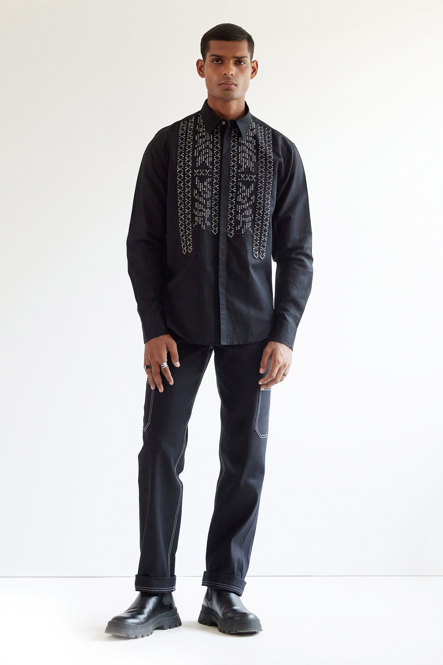 Countrymade Black Linen Asymmetric Yoke Shirt