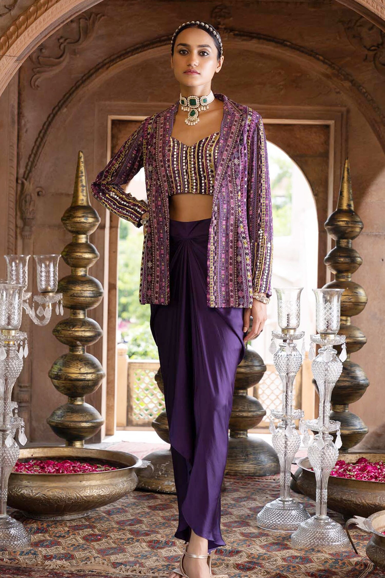 Chhavvi Aggarwal Purple Printed Jacket With Satin Draped Skirt