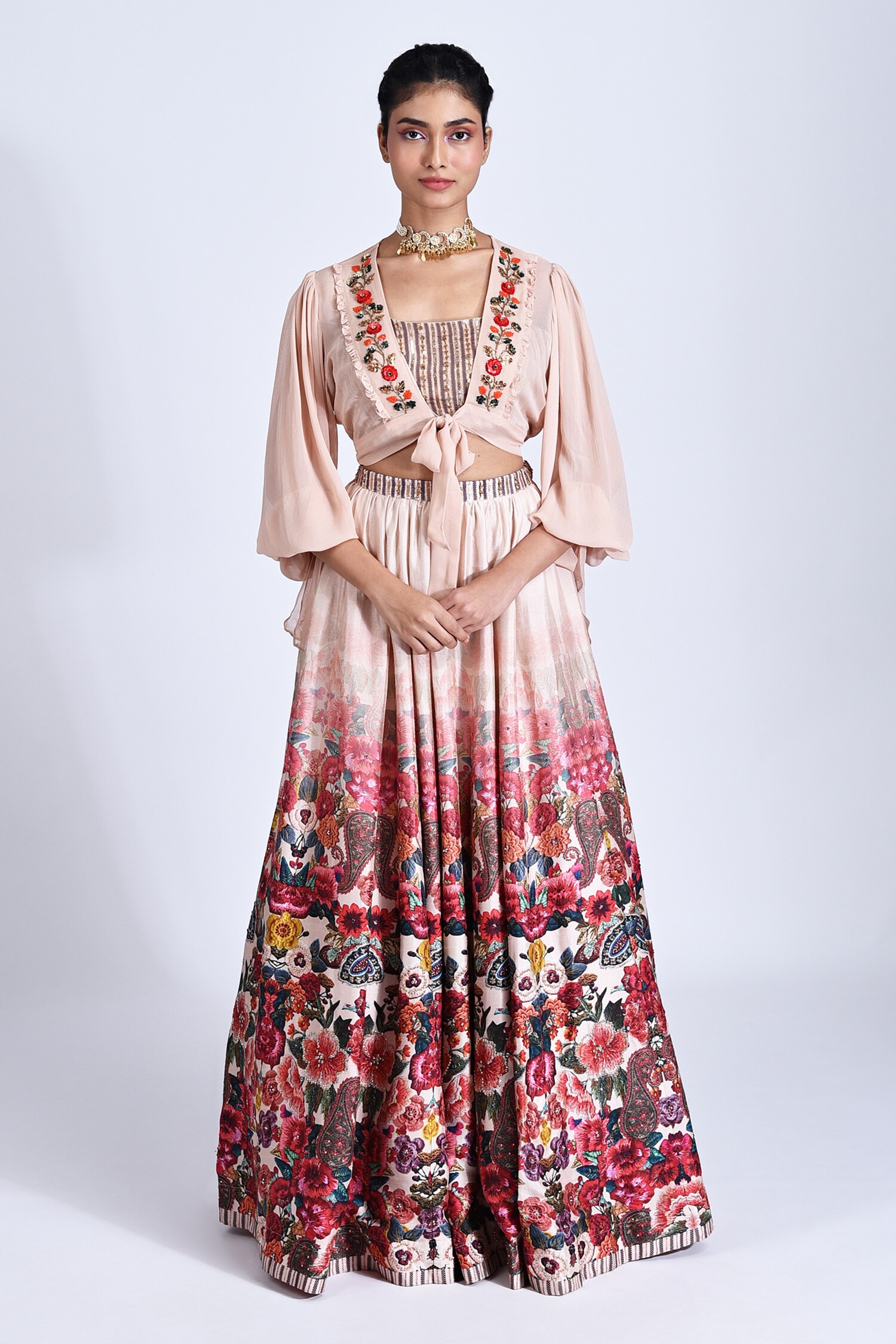 Buy Basil Leaf Beige Embroidered Jacket Lehenga Set Online Aza Fashions