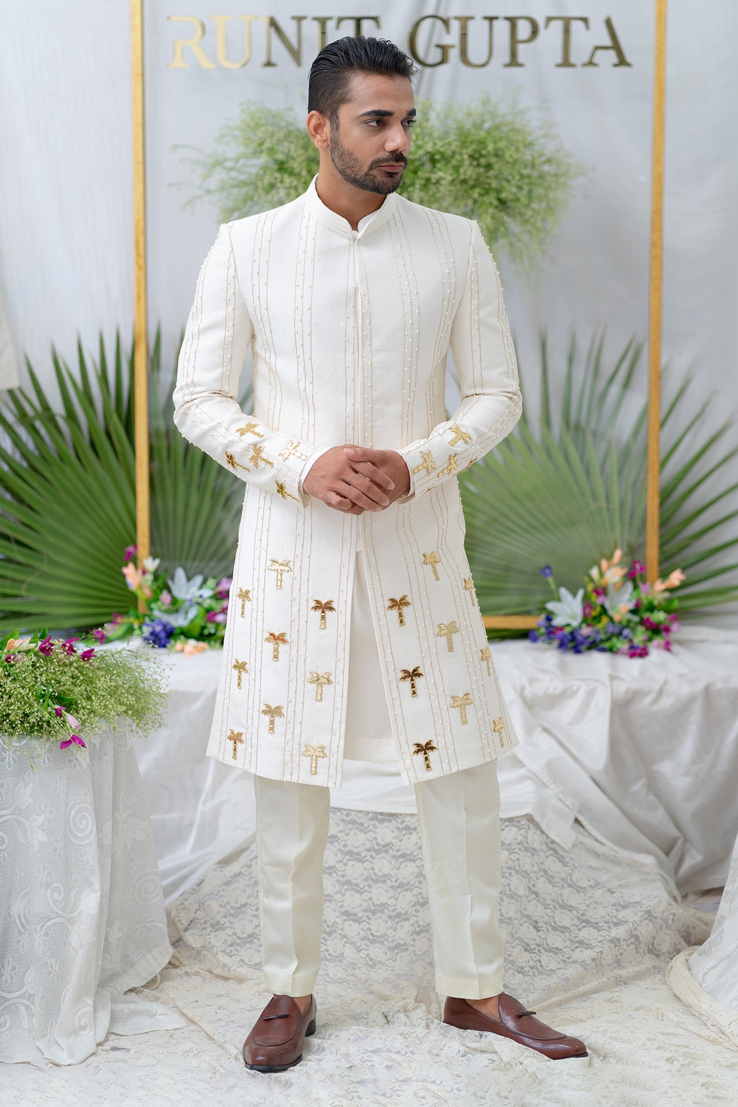 Buy Runit Gupta Ivory Amir Chanderi Silk Sherwani Set Online | Aza Fashions