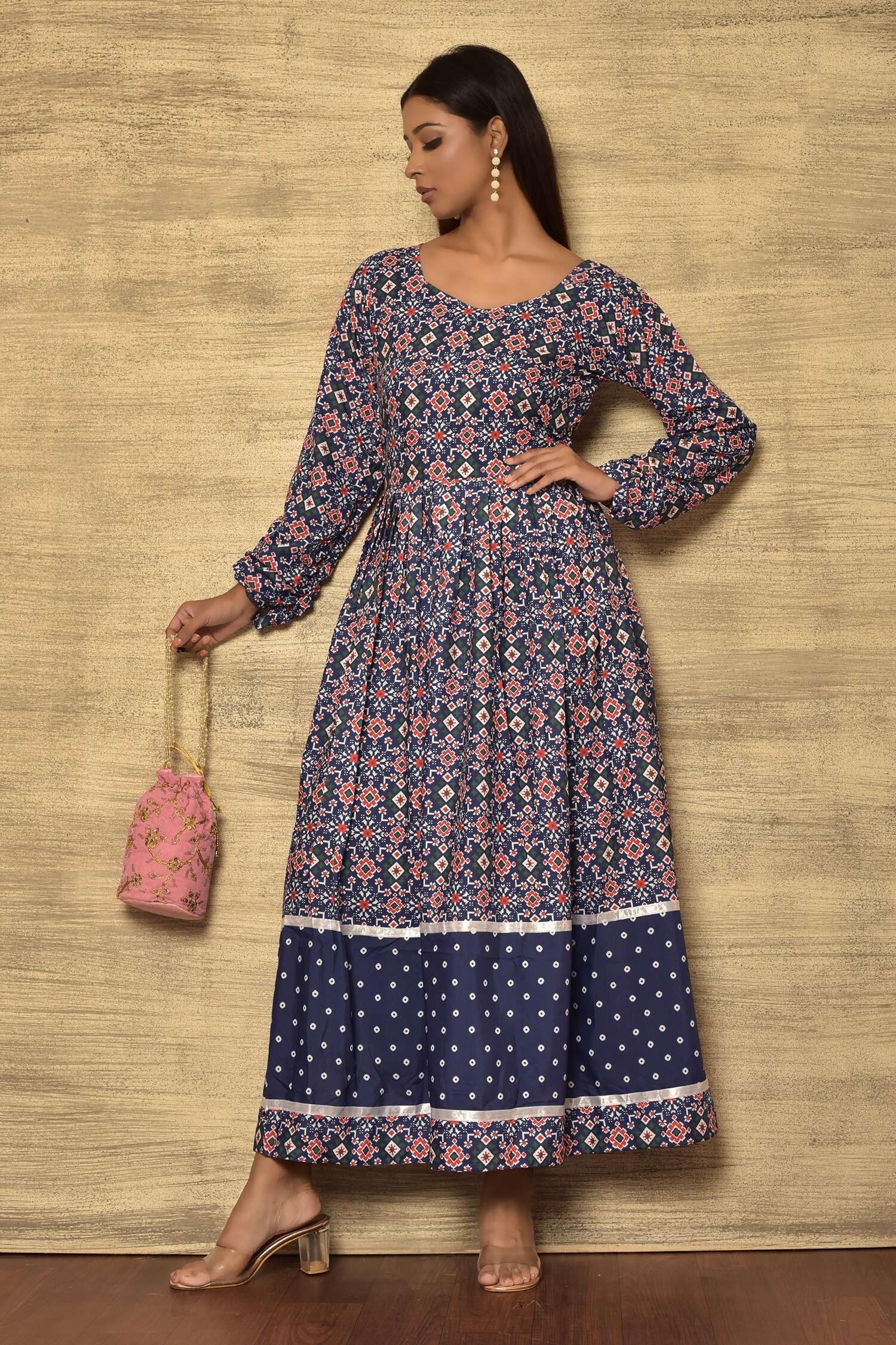 Buy Samyukta Singhania Blue Cotton Patola Print Anarkali Online Aza