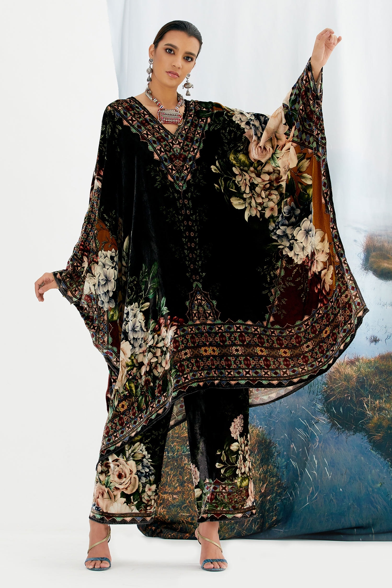 Rajdeep Ranawat Yellow Gulrez Silk Velvet Printed Kaftan Tunic