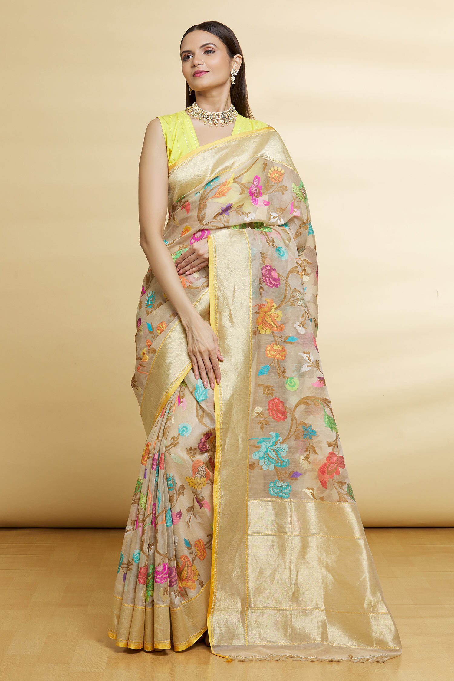 Ekaya Beige Handwoven Cotton Jamdani Saree