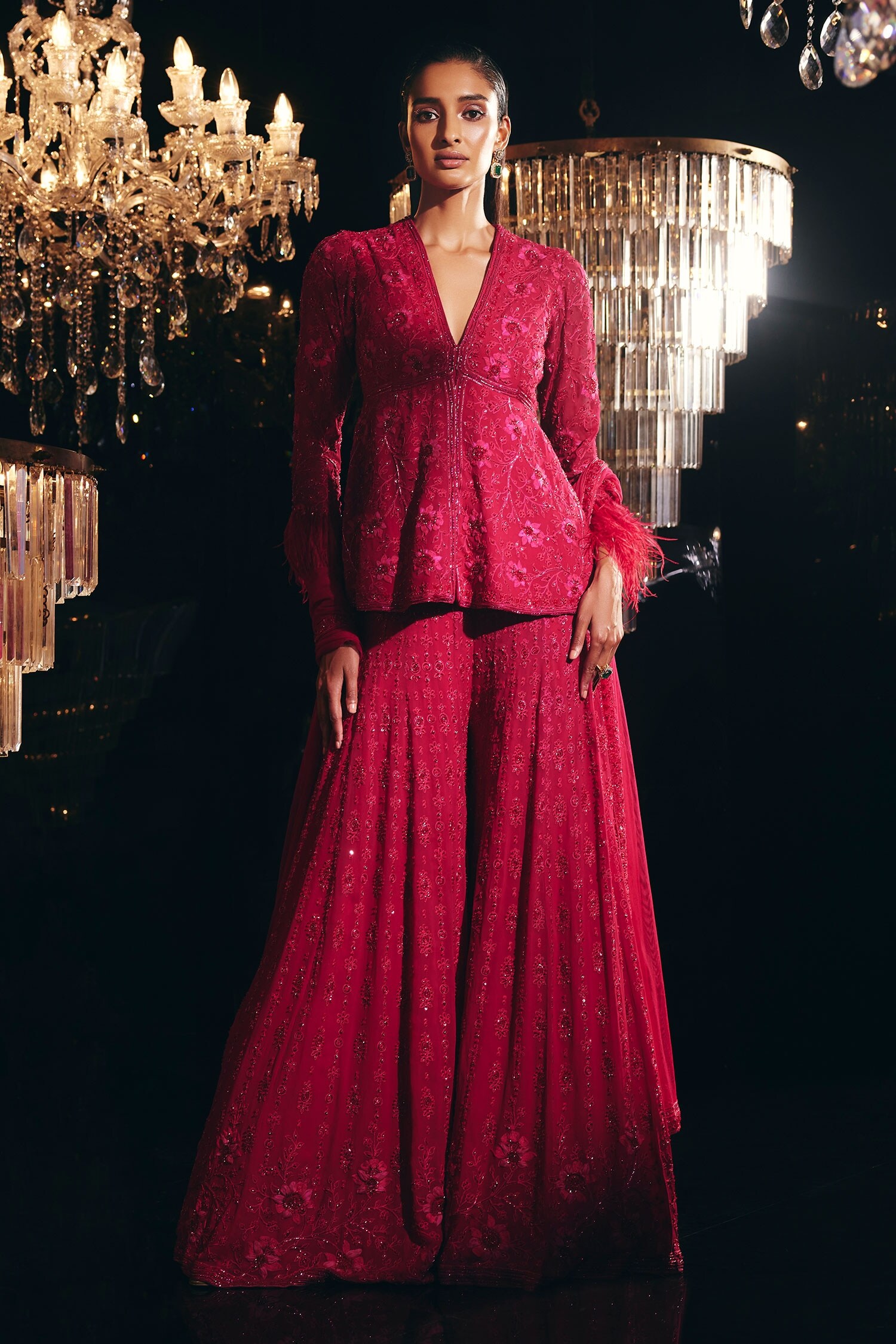 Ridhi Mehra Fuchsia Kurta Jazlyn Embroidered Peplum Tunic Sharara Set