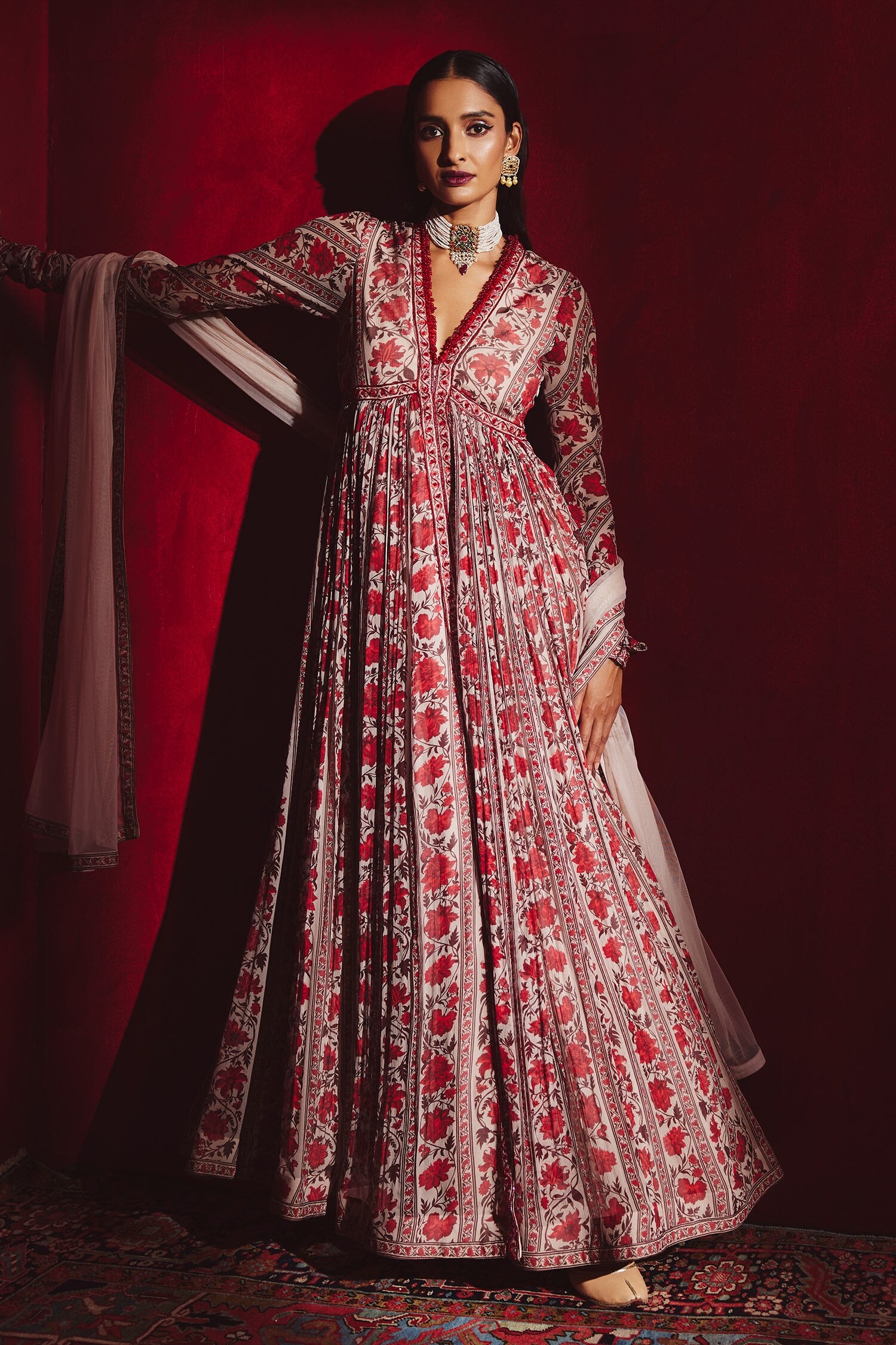 Ridhi Mehra Red Terra Floral Print Anarkali With Dupatta