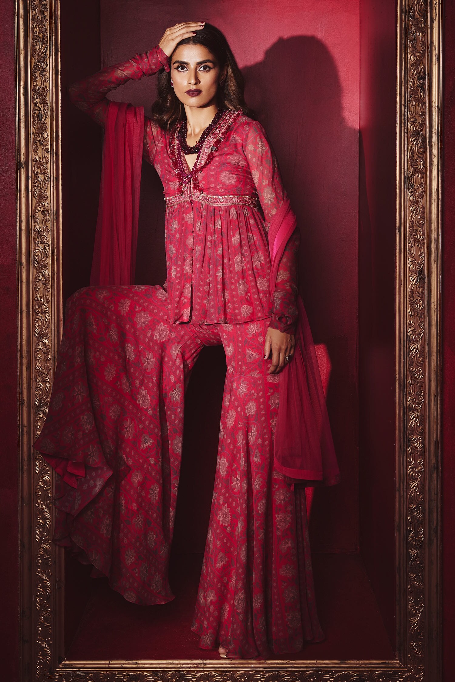 Ridhi Mehra Fuchsia Chiffon Jorunn Peplum Tunic Sharara Set