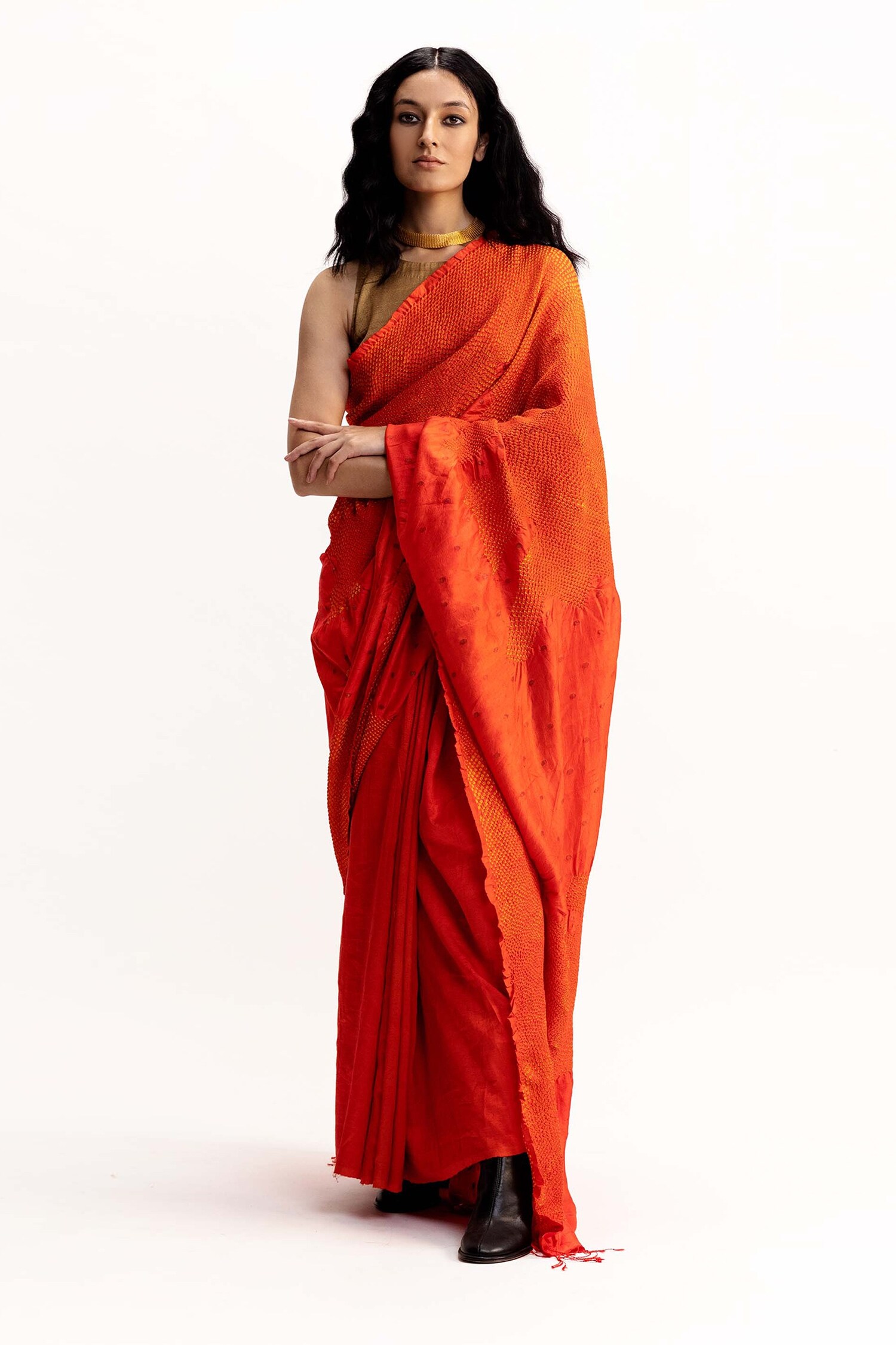 Studio Medium Orange Handwoven Bengal Silk Waterfall Jamban Saree