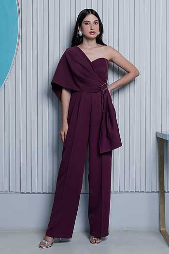 Buy B'Infinite Purple Crepe Draped One Shoulder Jumpsuit Online | Aza Buy B'Infinite Purple Crepe Draped One Shoulder Jumpsuit Online | Aza