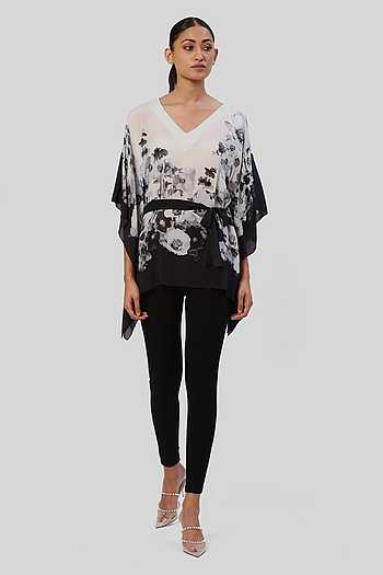 Women Black Satin Abstract Printed Kaftan Top With Lounge Pants