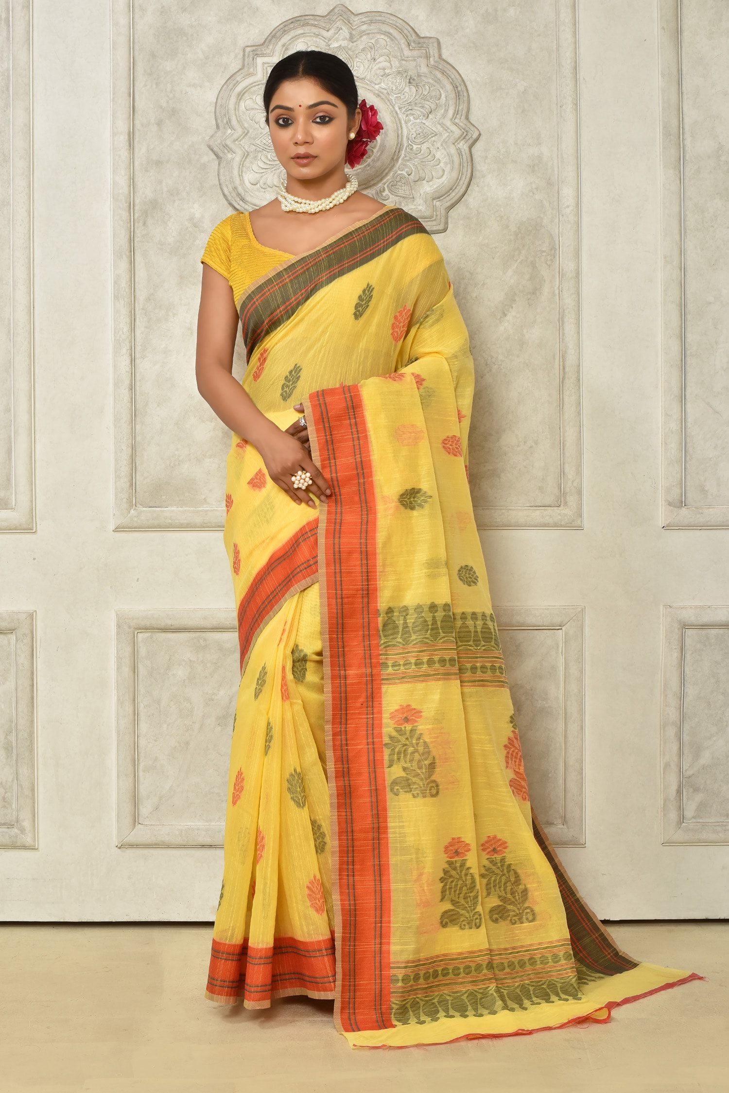 Buy Nazaakat By Samara Singh Yellow Soft Linen Silk Botanic Print Saree With Running Blouse 1243