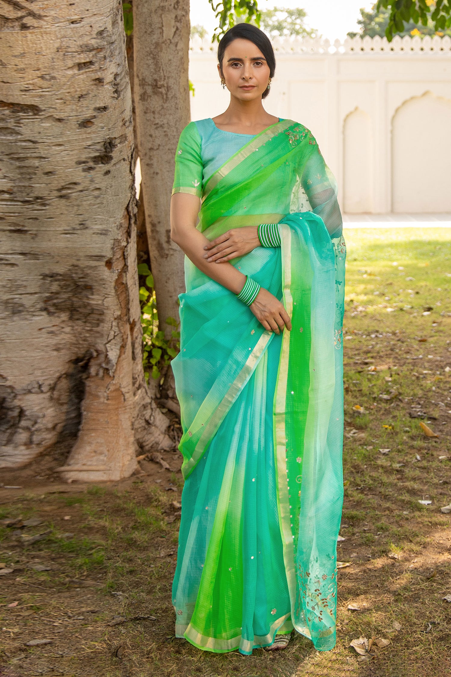 Buy Geroo Jaipur Green Pure Kota Silk Ombre Saree With Unstitched
