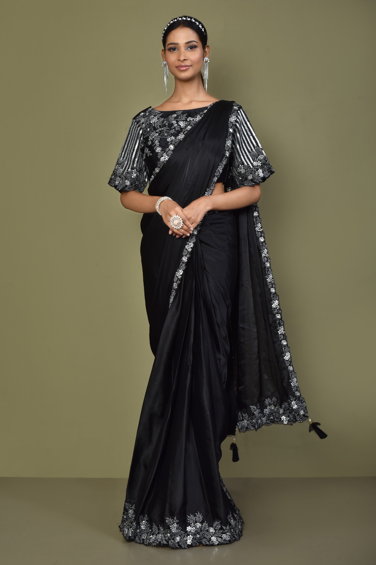 Buy Pre-Draped Saree With Floral Embroidered Blouse By Khwaab By ...