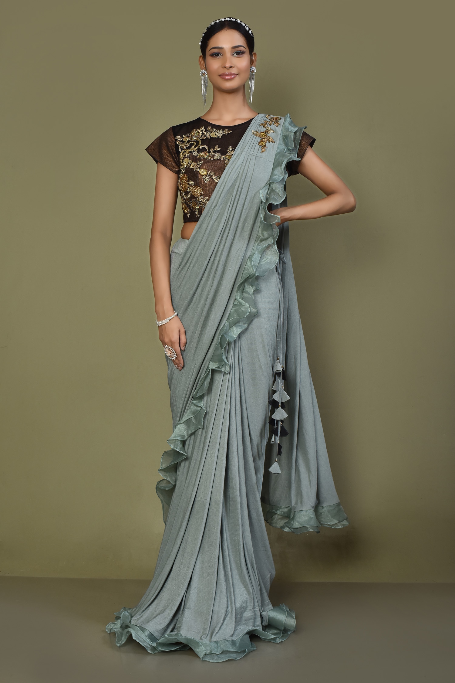 Buy Ruffle Pre-Draped Pleated Saree With Blouse By Khwaab By Sanjana ...