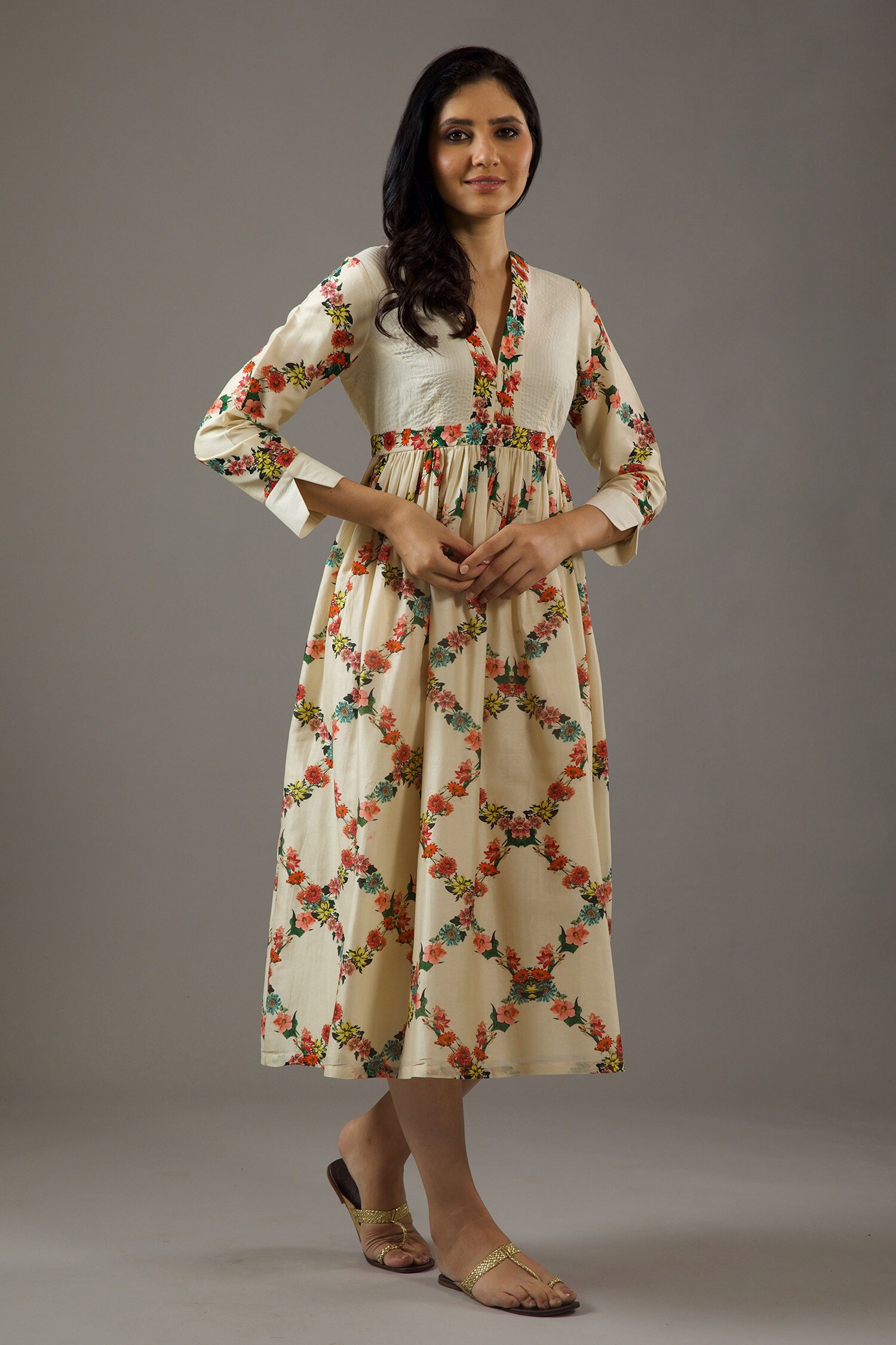 Buy Chanderi Silk Flower Print Dress by Balance by Rohit Bal at Aza
