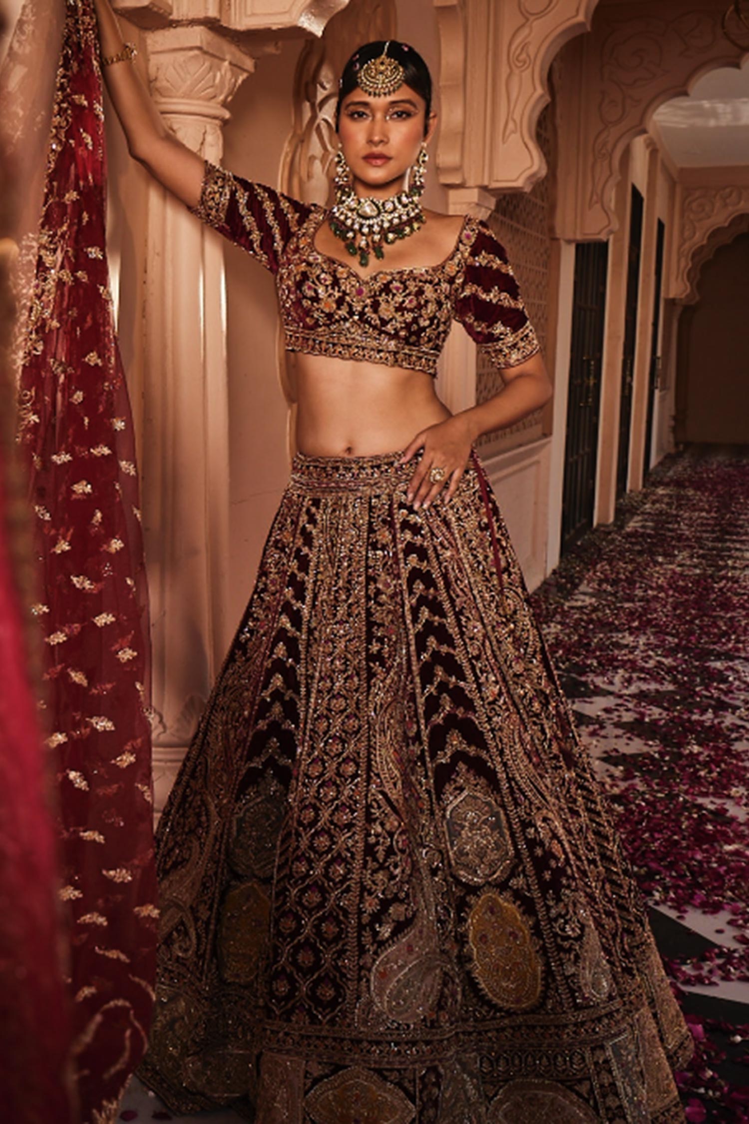 Buy Gauhar Velvet Applique Embroidered Lehenga Set by Kalighata at Aza