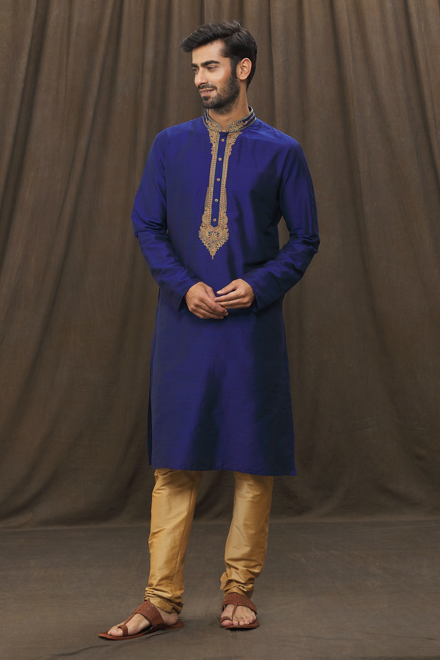 Samyukta Singhania Blue Mandarin Collar Kurta And Gold Churidar Set