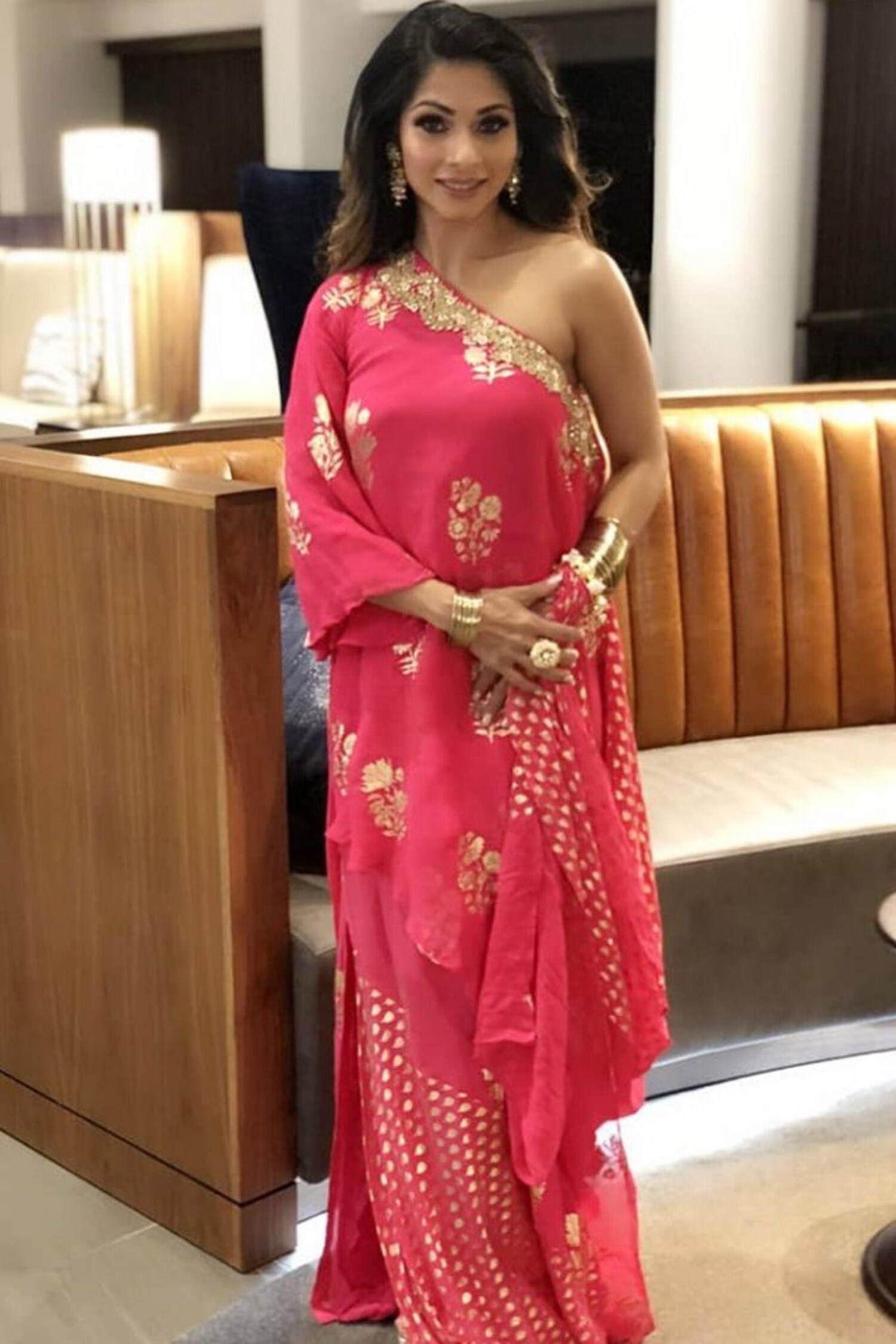 Nikasha Pink Jasmine Bud Foil Print Asymmetric Kurta With Cowl Skirt