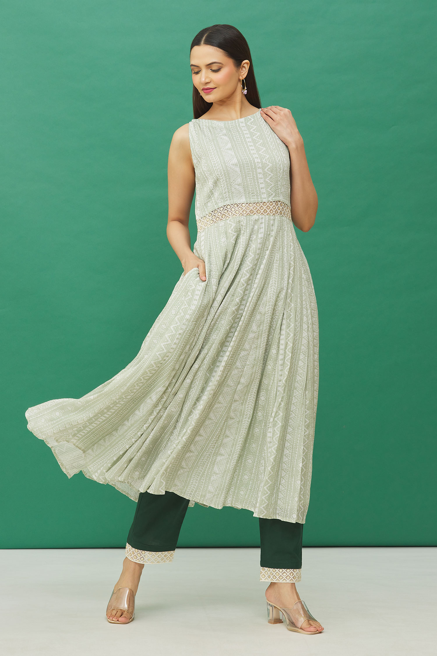 Samyukta Singhania Green Upada Geometric Stripe Print Anarkali