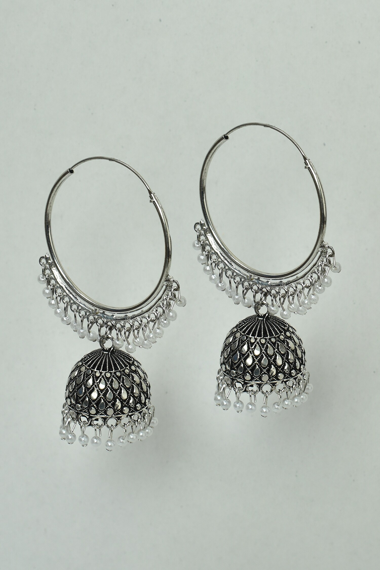 Naintara Bajaj Oxidized Pearl Encrusted Jhumka Earrings