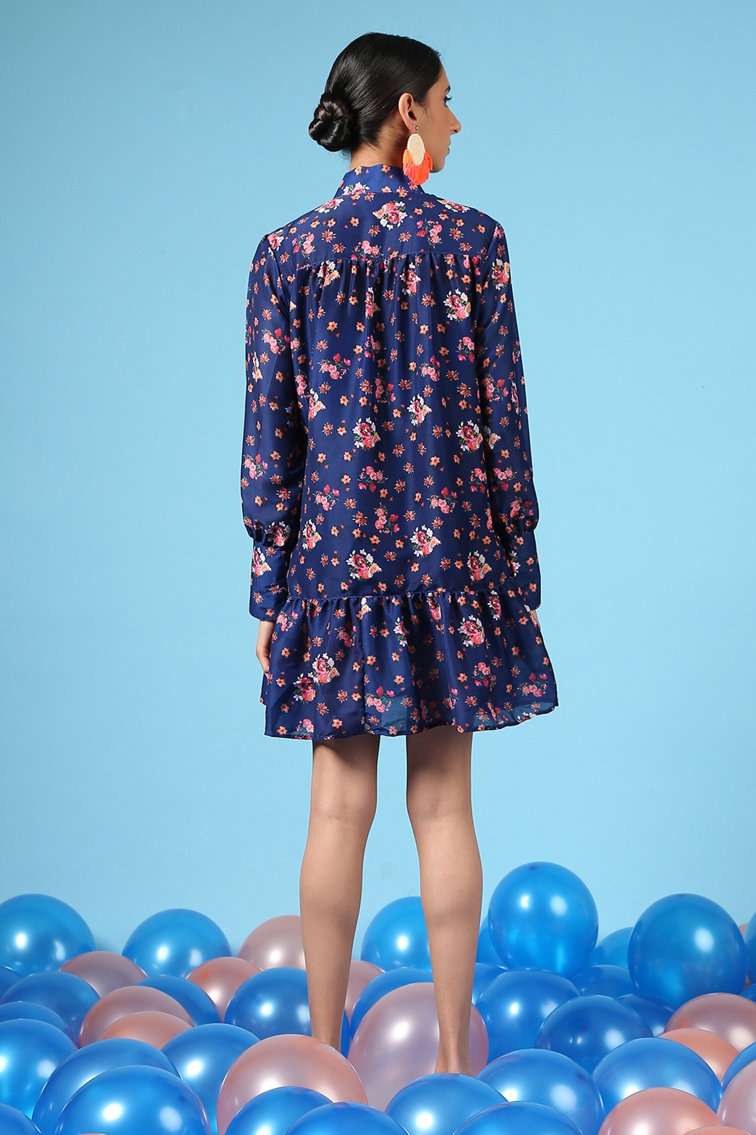 Marche Blue Cotton Silk Floral Digital Print Shirt Dress