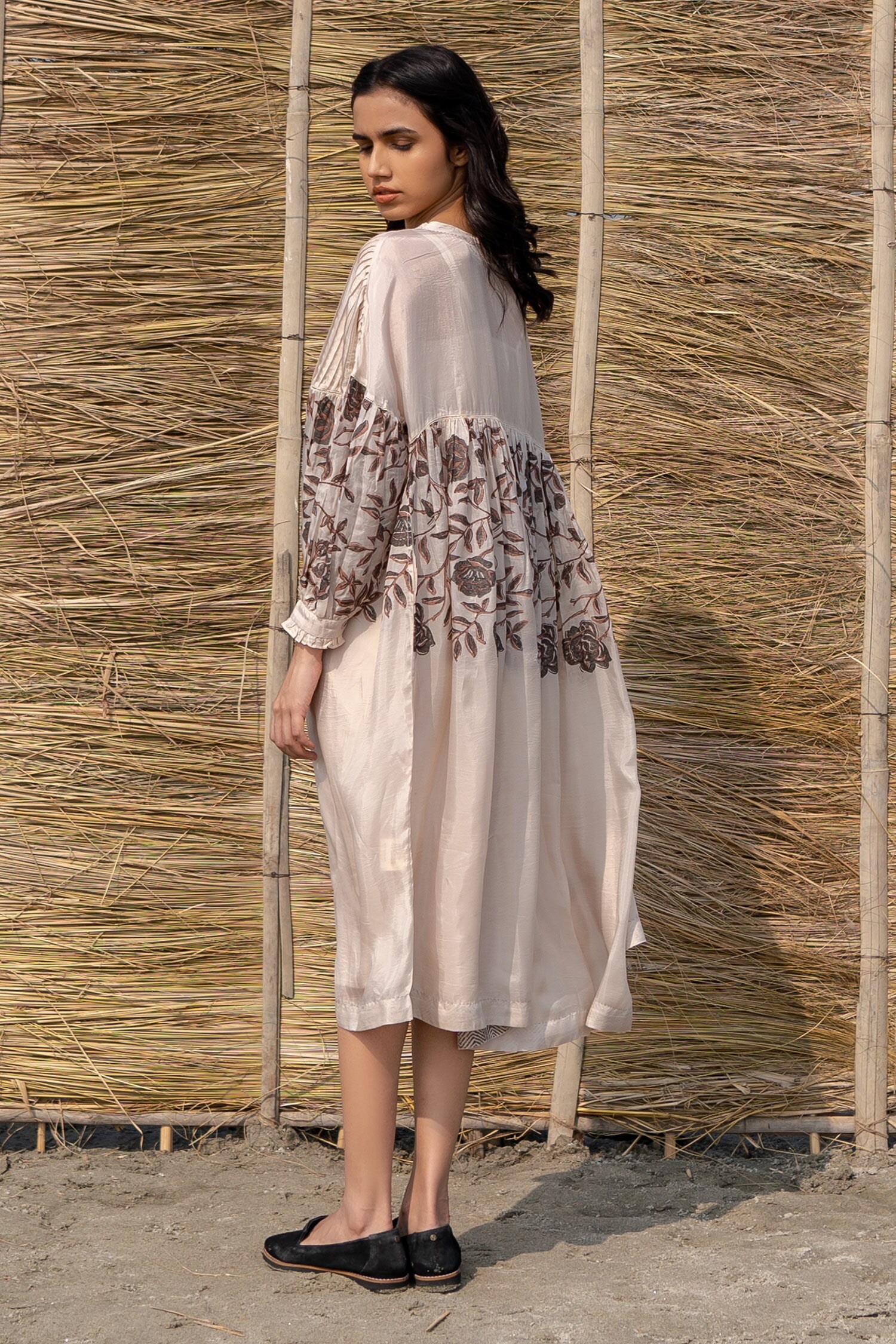 Ayaka Ivory Viscose Tabby Pintuck And Block Print Dress