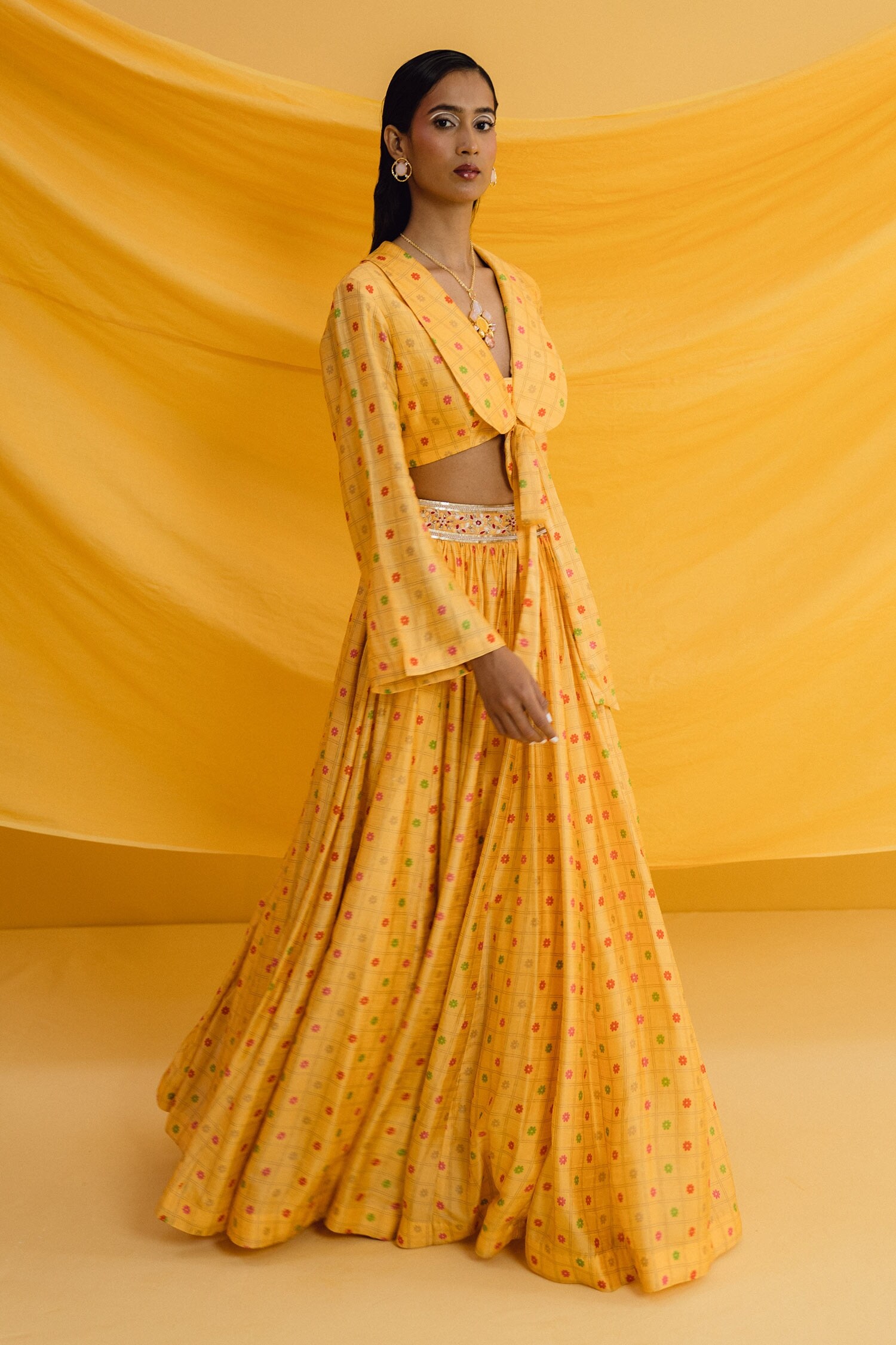 Buy Drishti & Zahabia Yellow Dupion Silk Peter Pan Collared Crop Top