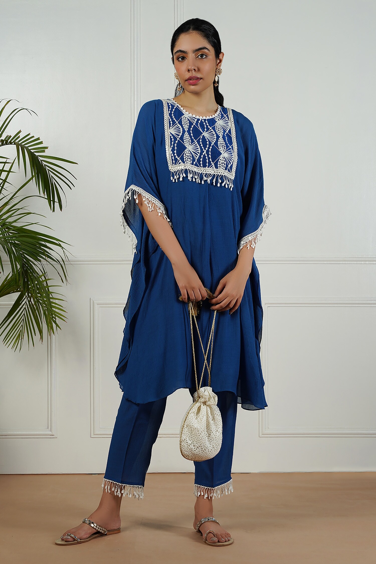 Buy OMI Blue Linen Embroidered Yoke Kaftan And Pant Set Online | Aza ...