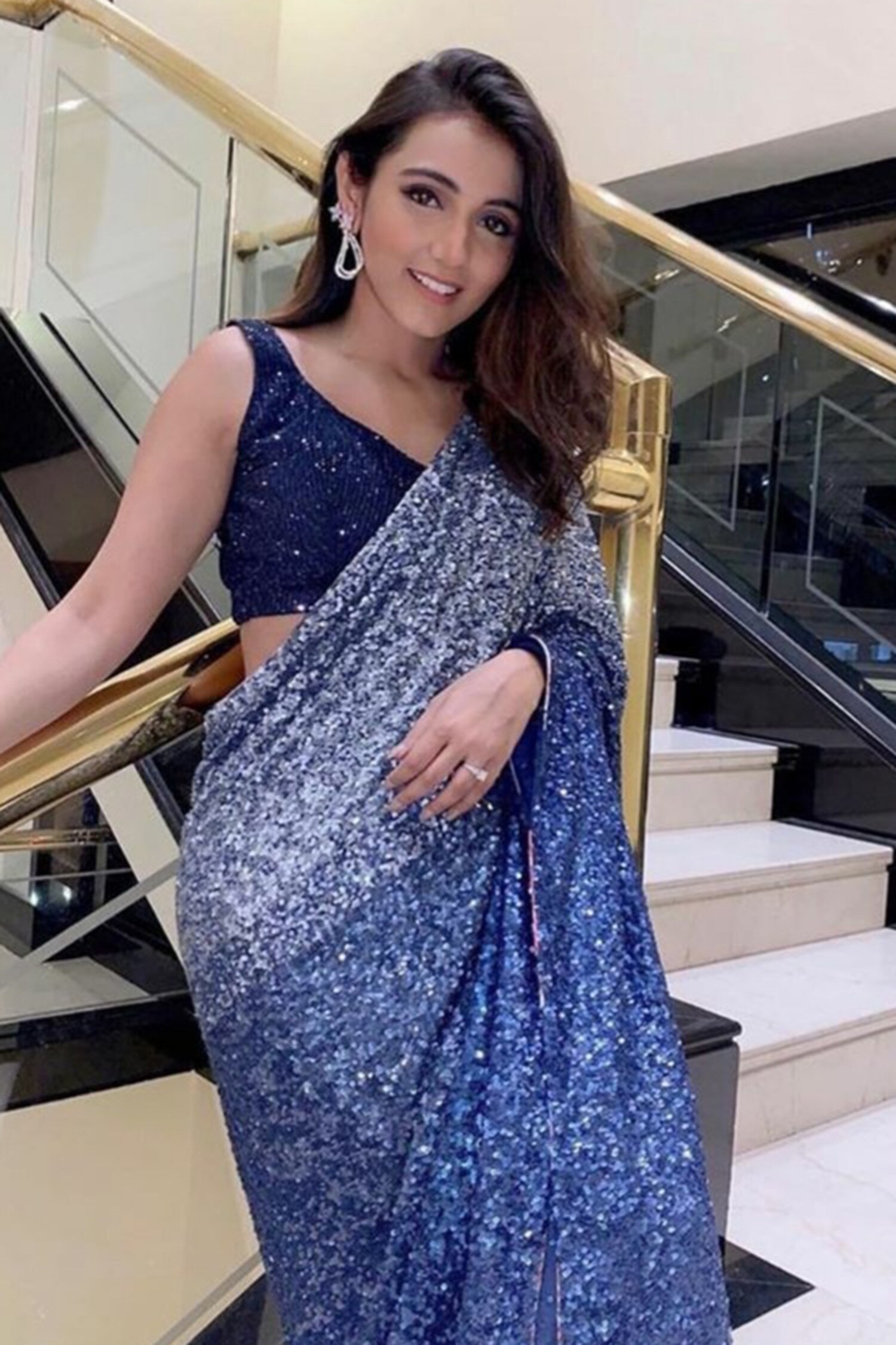 Siddartha Tytler Blue Georgette Sequin Embellished Saree With Blouse