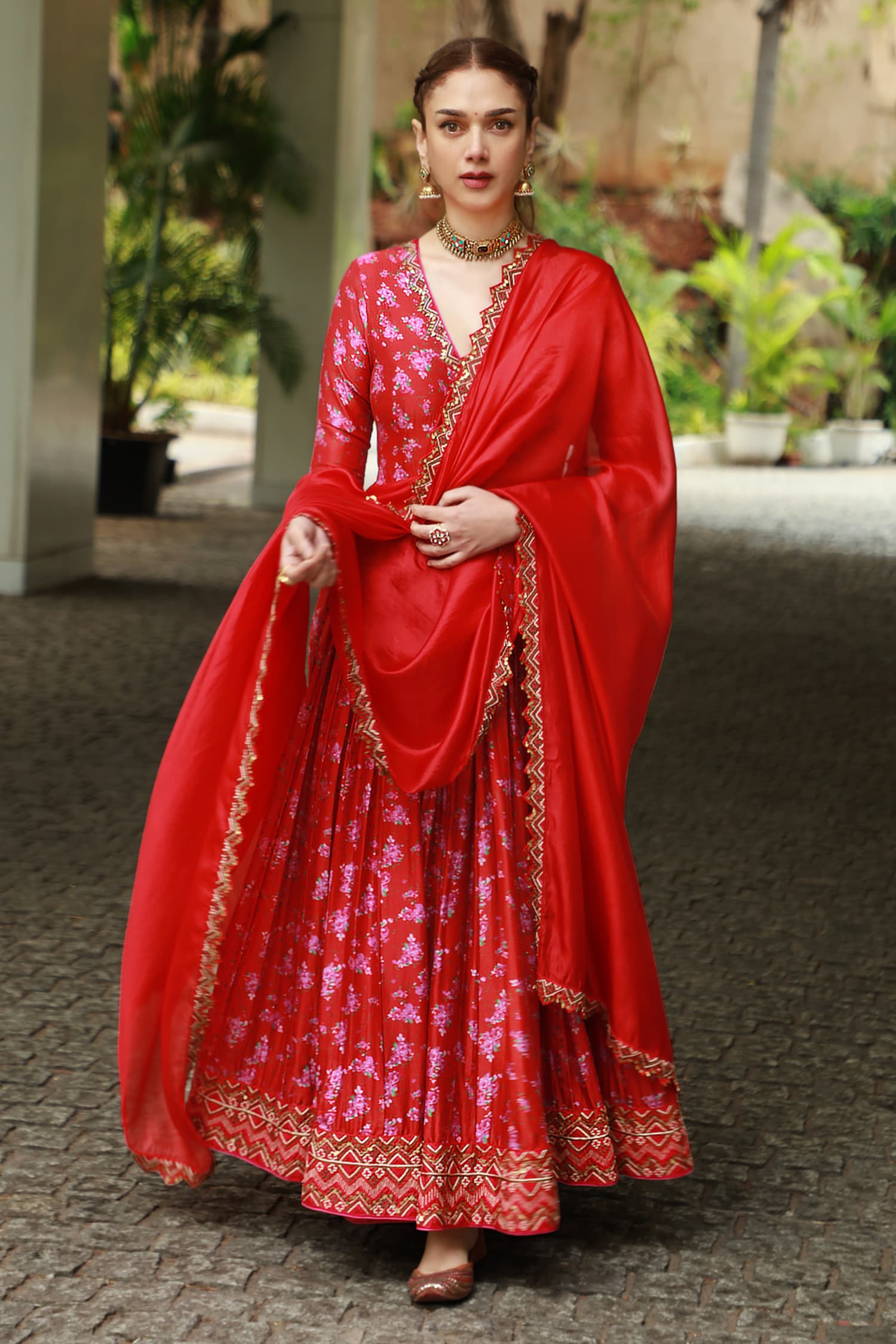 Punit Balana Red Chanderi Silk Surkh Laal Floral Print Angarkha Set