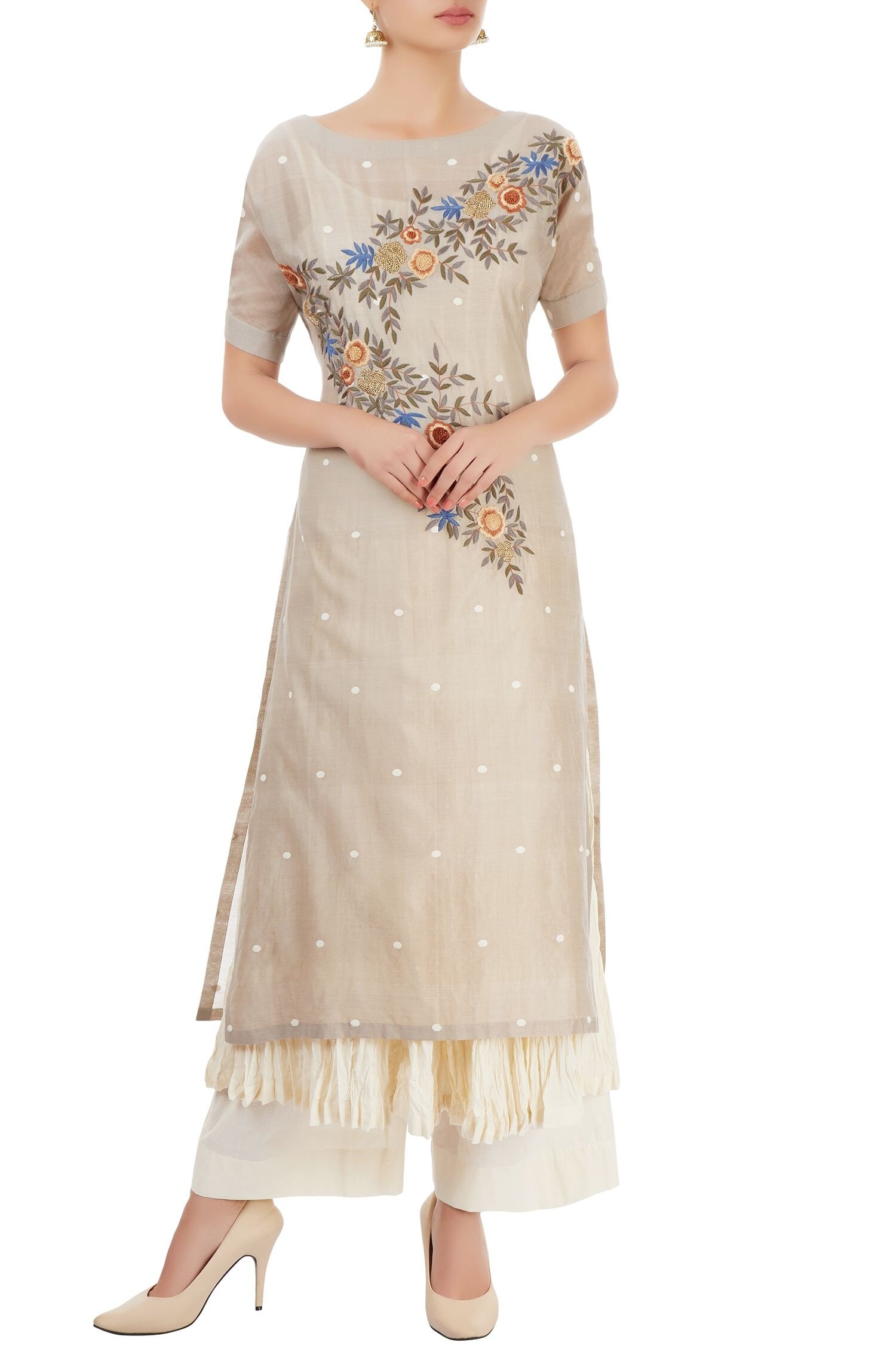 Buy Prama by Pratima Pandey Cream Grey Kurta Set With Thread Embroidery ...