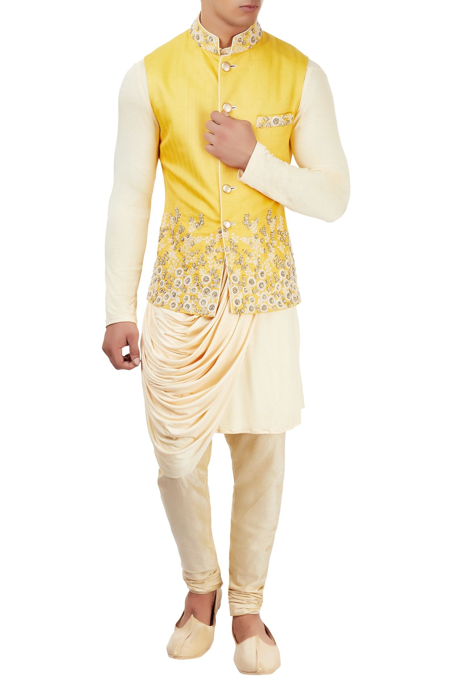 Sarab Khanijou Beige Silk Bundi And Kurta Set