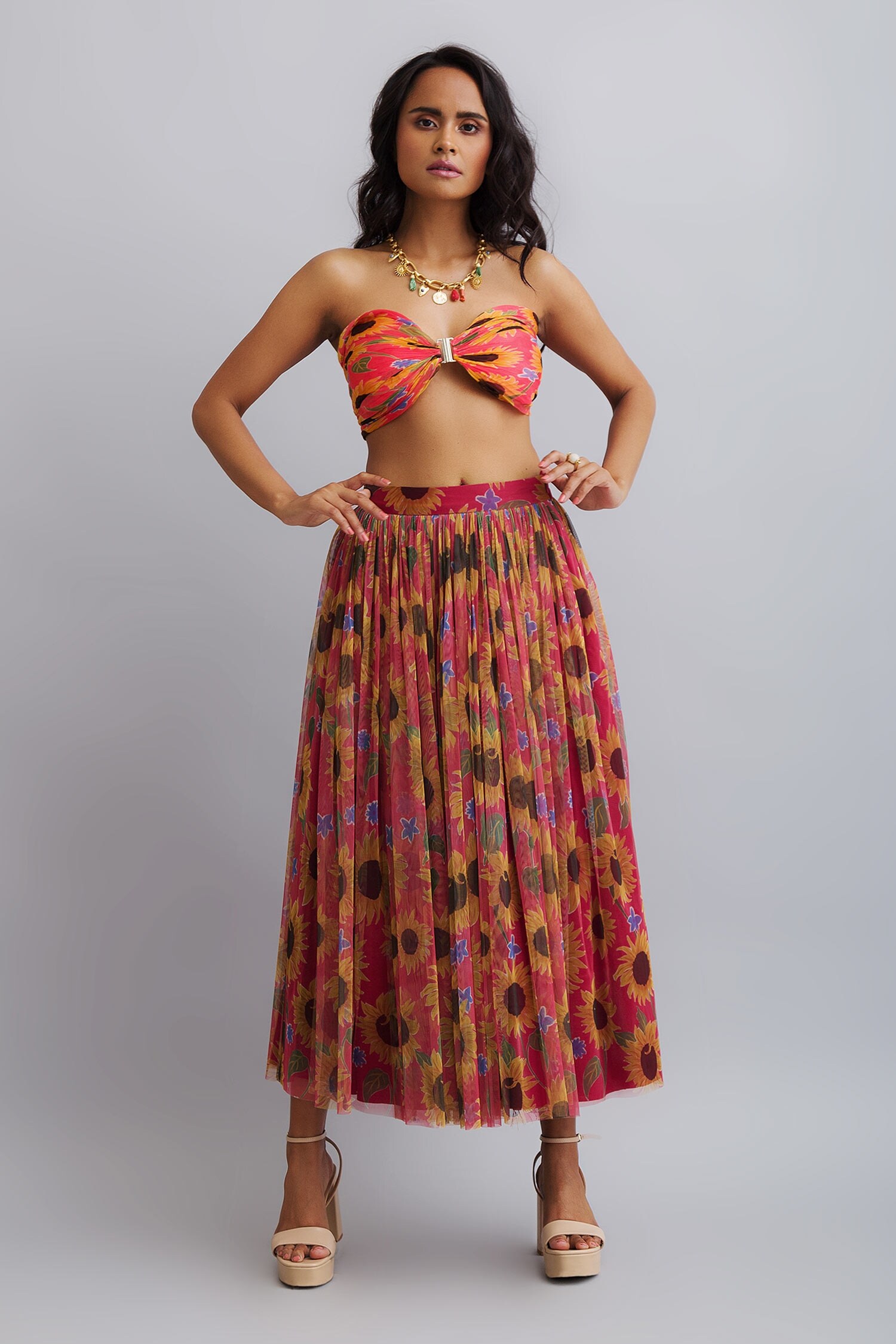 Nautanky Peach Bustier-viscose Chiffon Sunflower Print Skirt Set