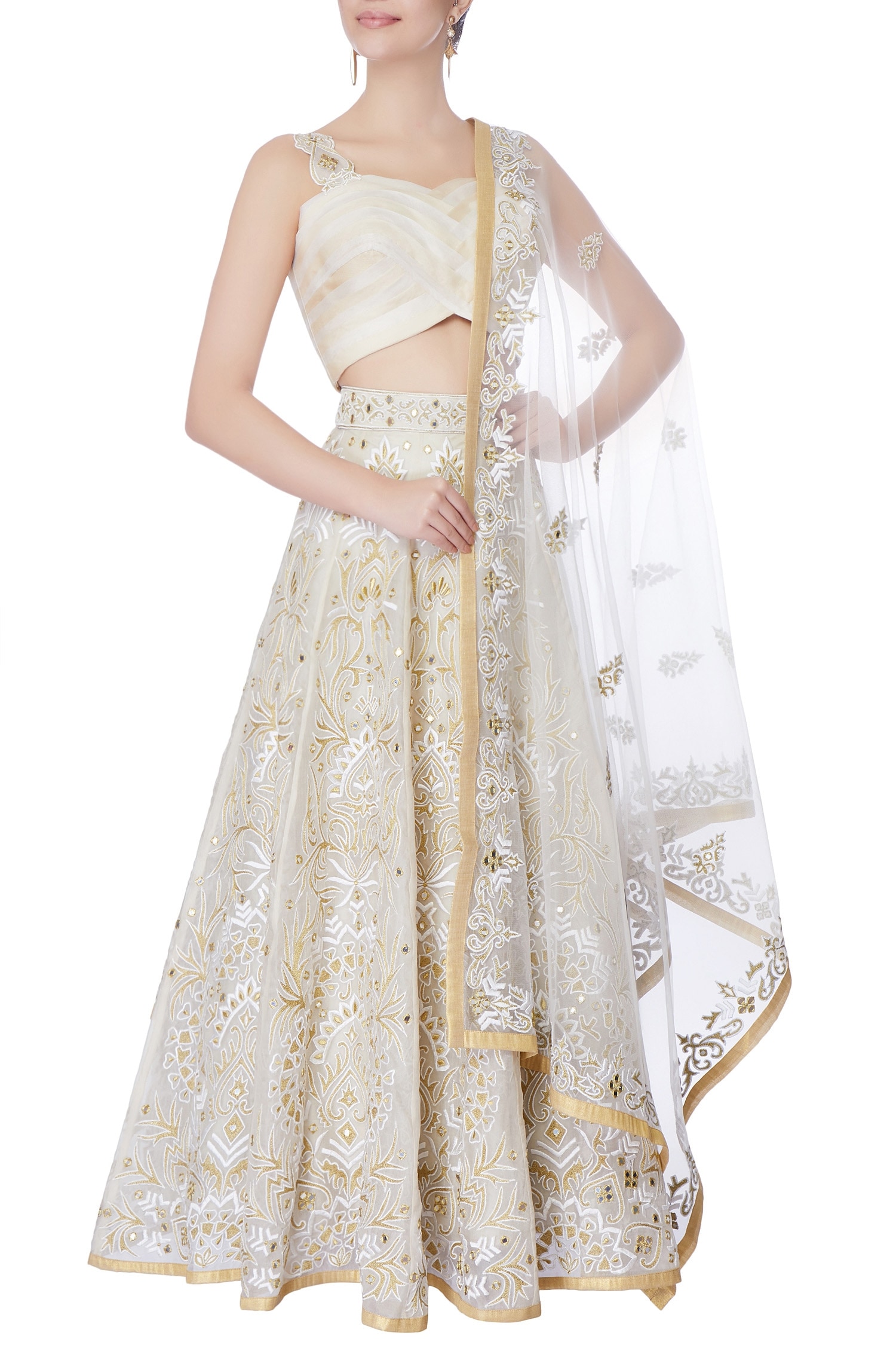 Buy Neha Gursahani White And Gold Mirror Work Lehenga Set Online Aza