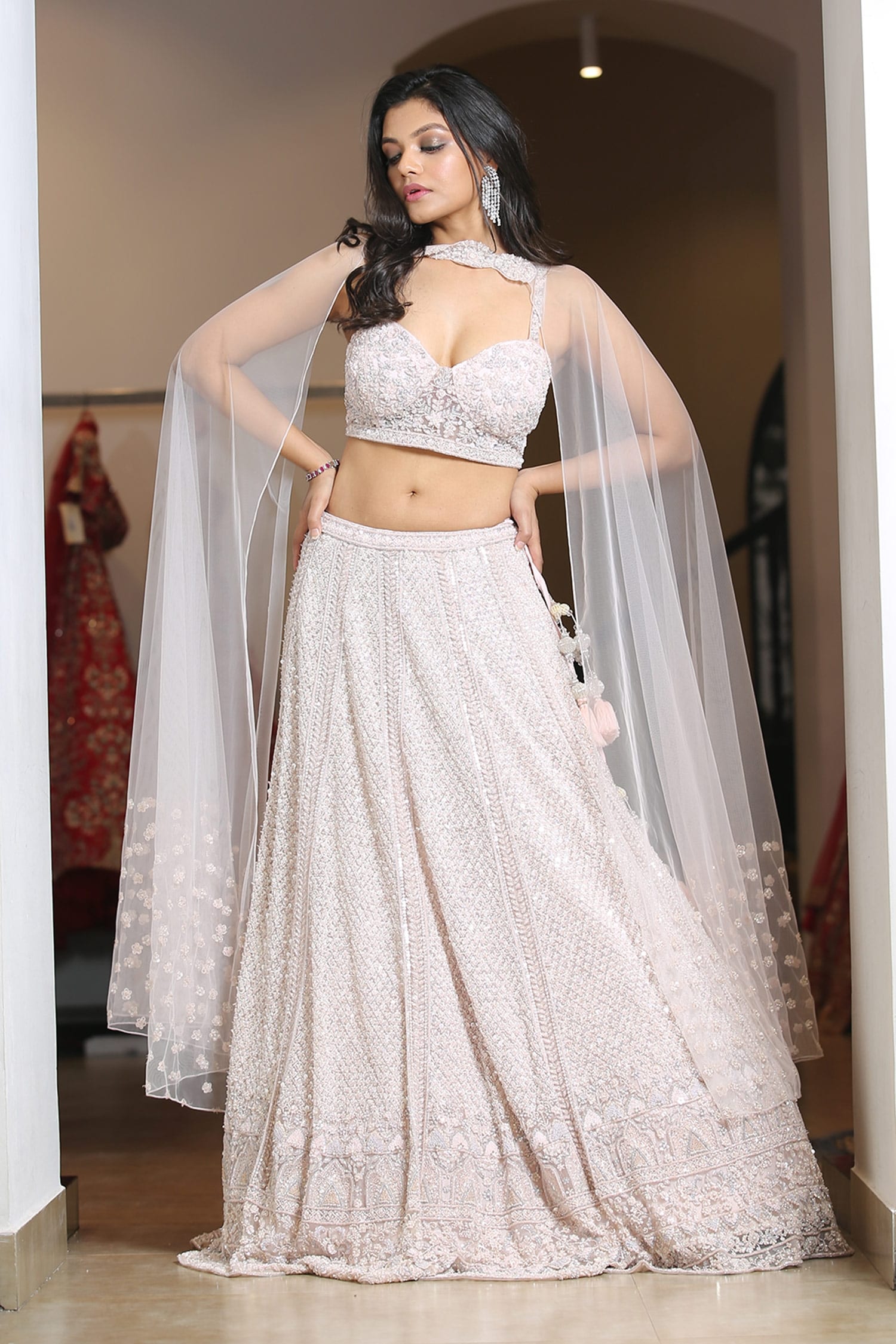 Buy Kalighata Pink Net Embroidered Lehenga Set Online | Aza Fashions