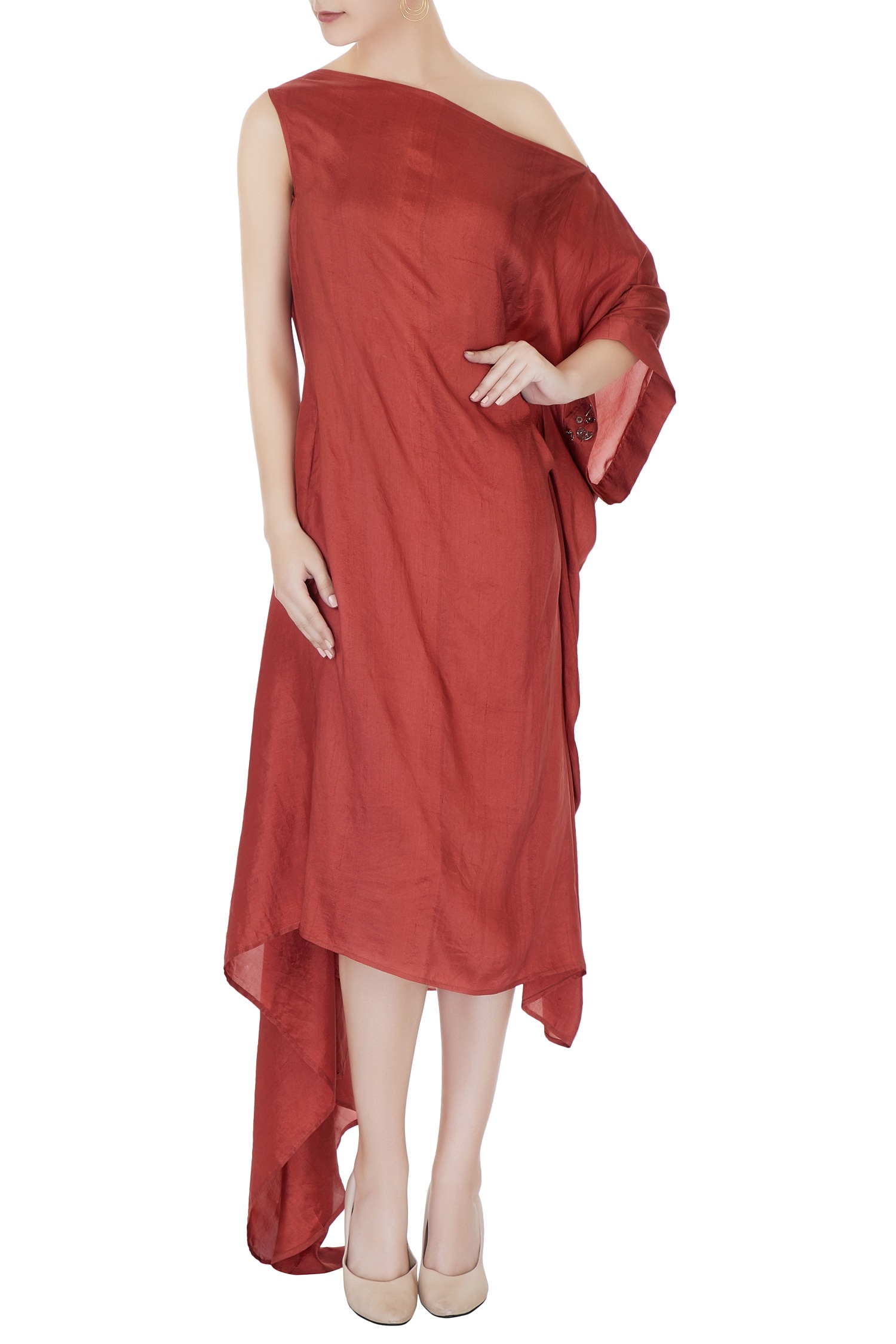 Ezra Red Dupion Silk One-shoulder Draped Dress