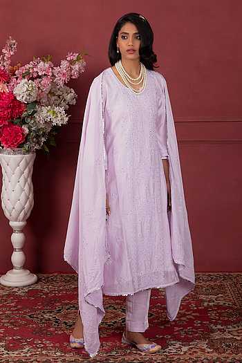 Purple - Hand Embroidered Rayon Chikankari Kurta with Pant Set 06