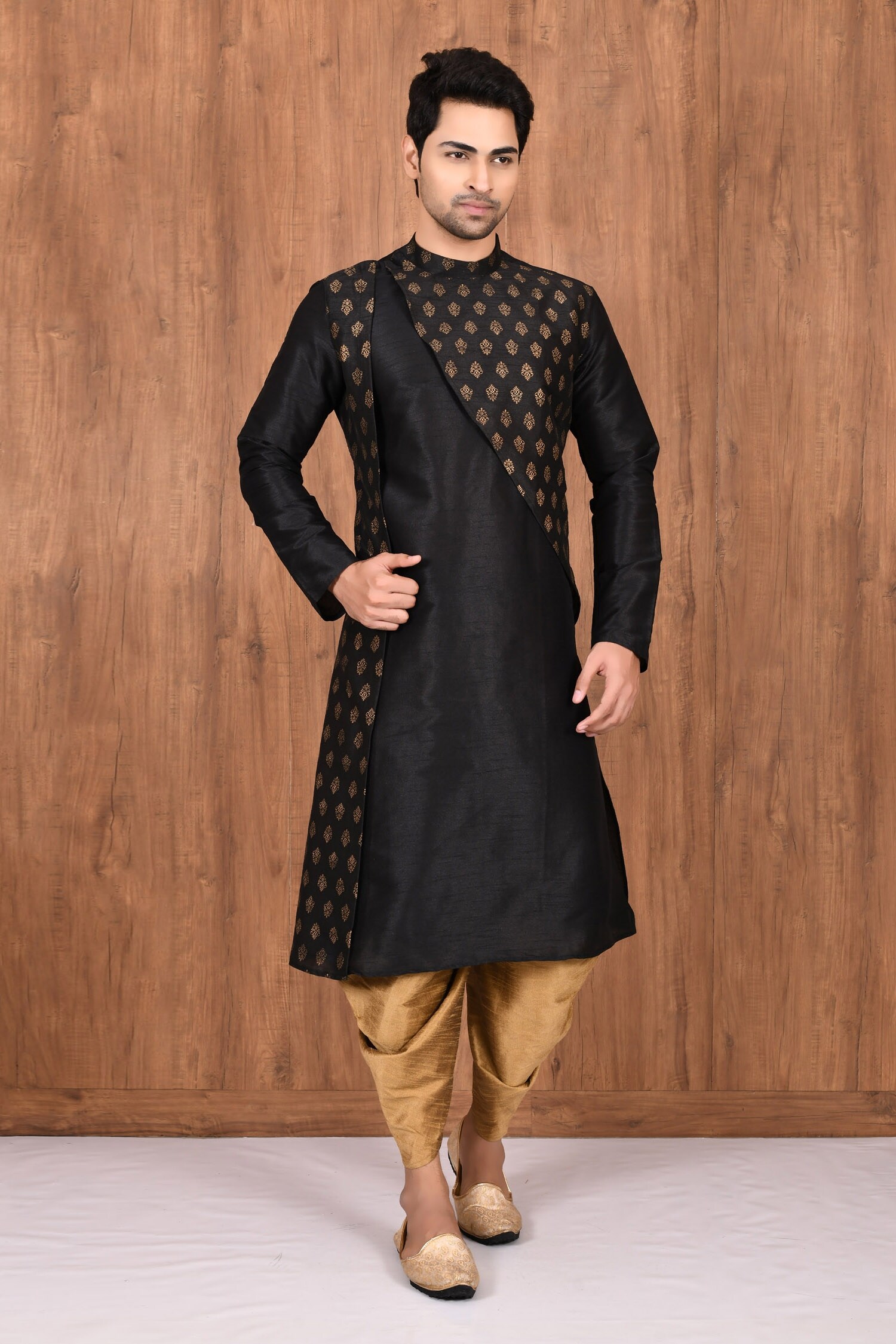 Arihant Rai Sinha Black Dupion Silk Panelled Kurta And Dhoti Pant Set