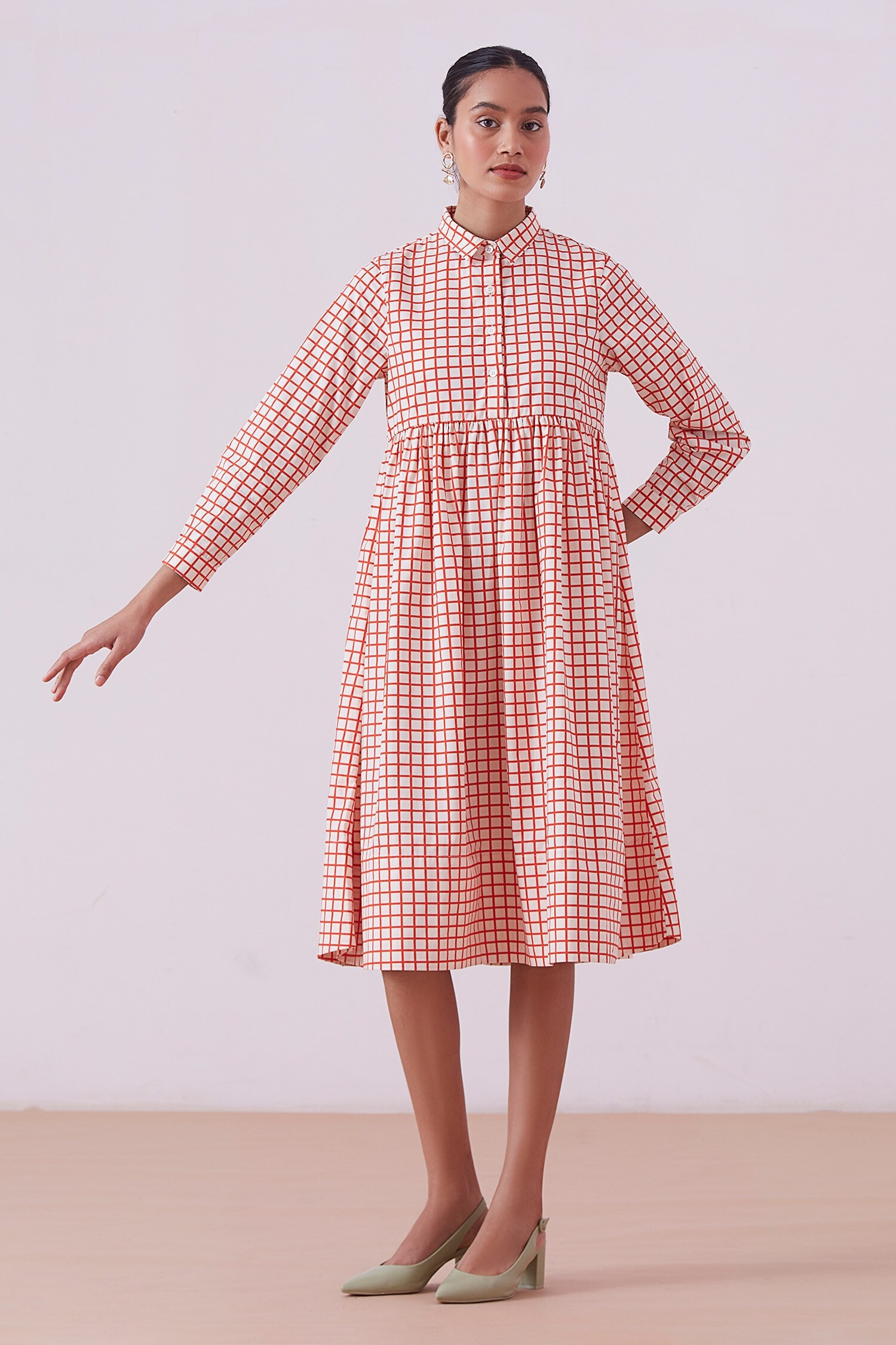 The Summer House Cream Organic Cotton Poplin Alisa Checkered Print Dress