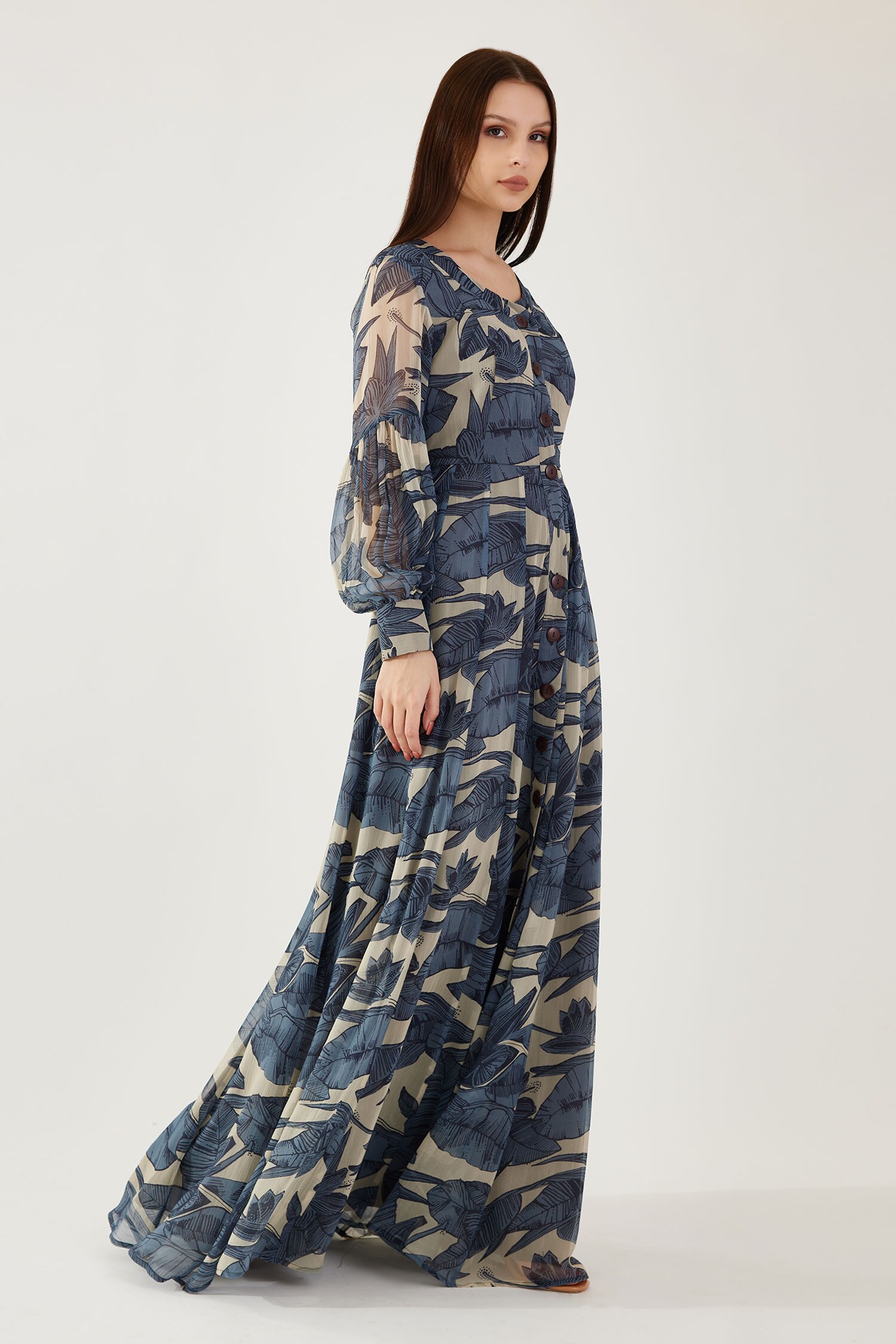 KoAi Blue Chiffon Floral Print Button Down Dress