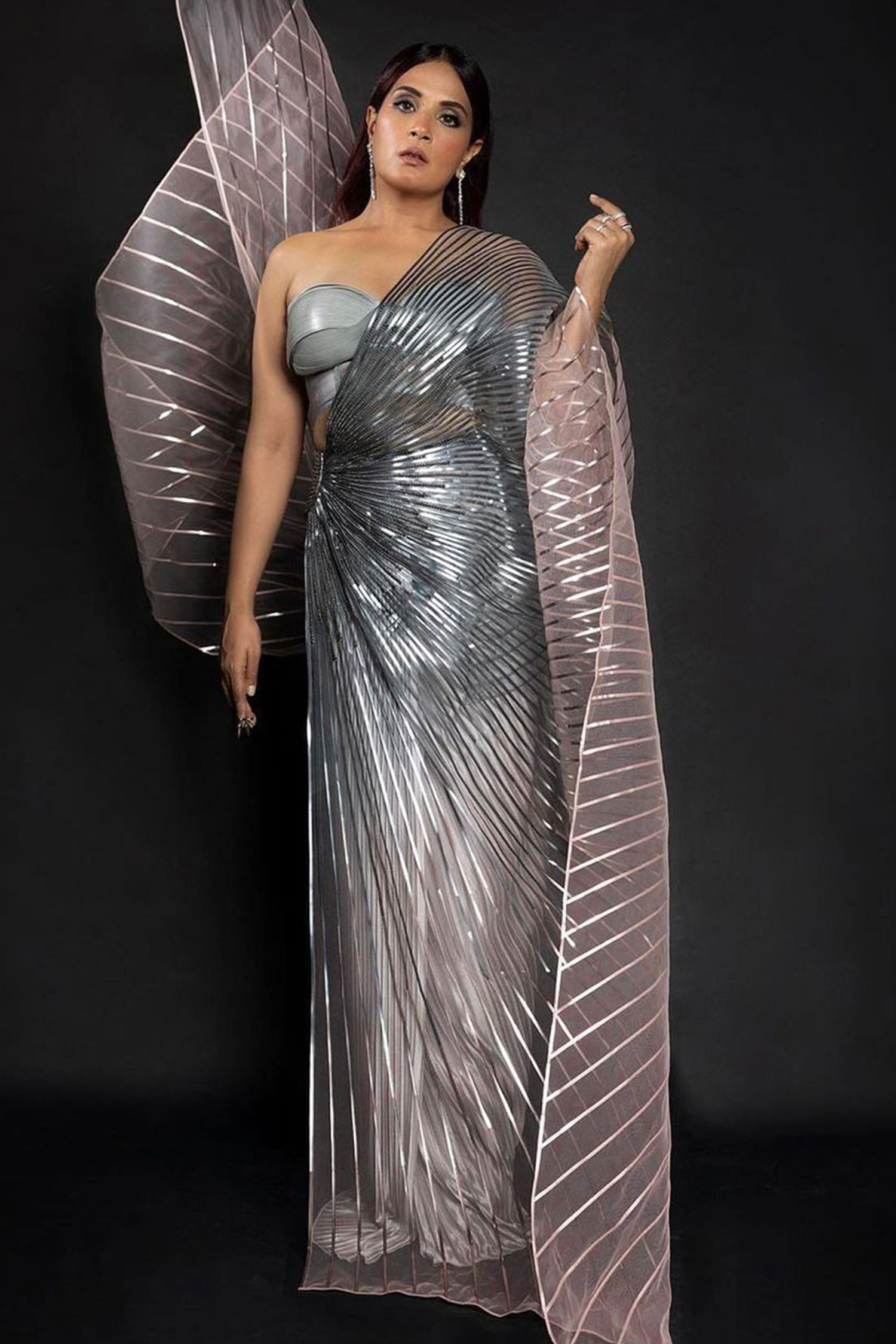 Amit Aggarwal Silver Jersey Metallic Ombre Winged Saree With Corset