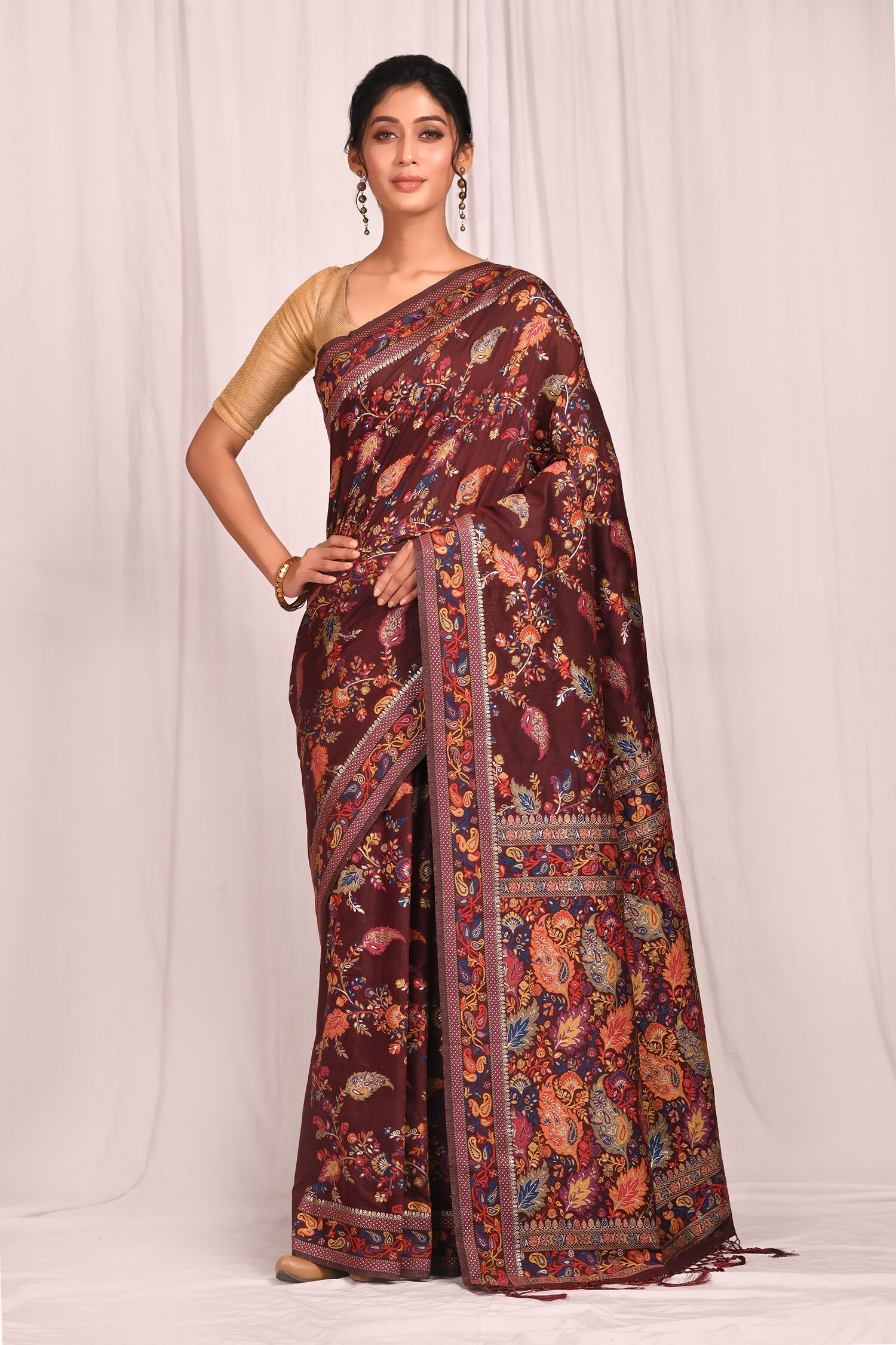 Nazaakat by Samara Singh Maroon Cotton Silk Leaf Motif Woven Saree