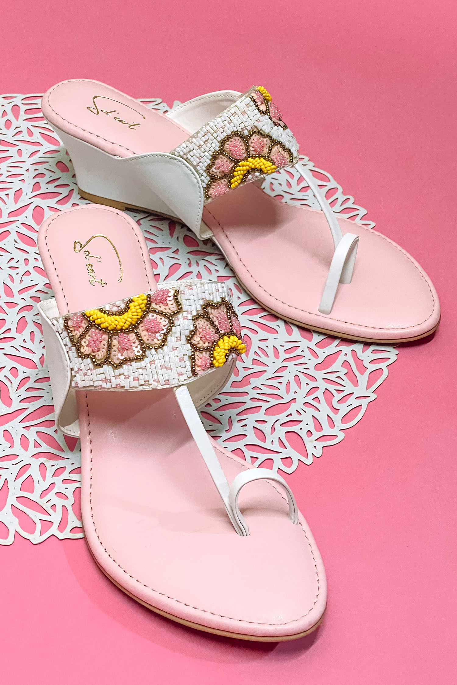 Buy Soleart Pink Vegan Leather Blossom Embroidered Kolhapuri Wedges ...