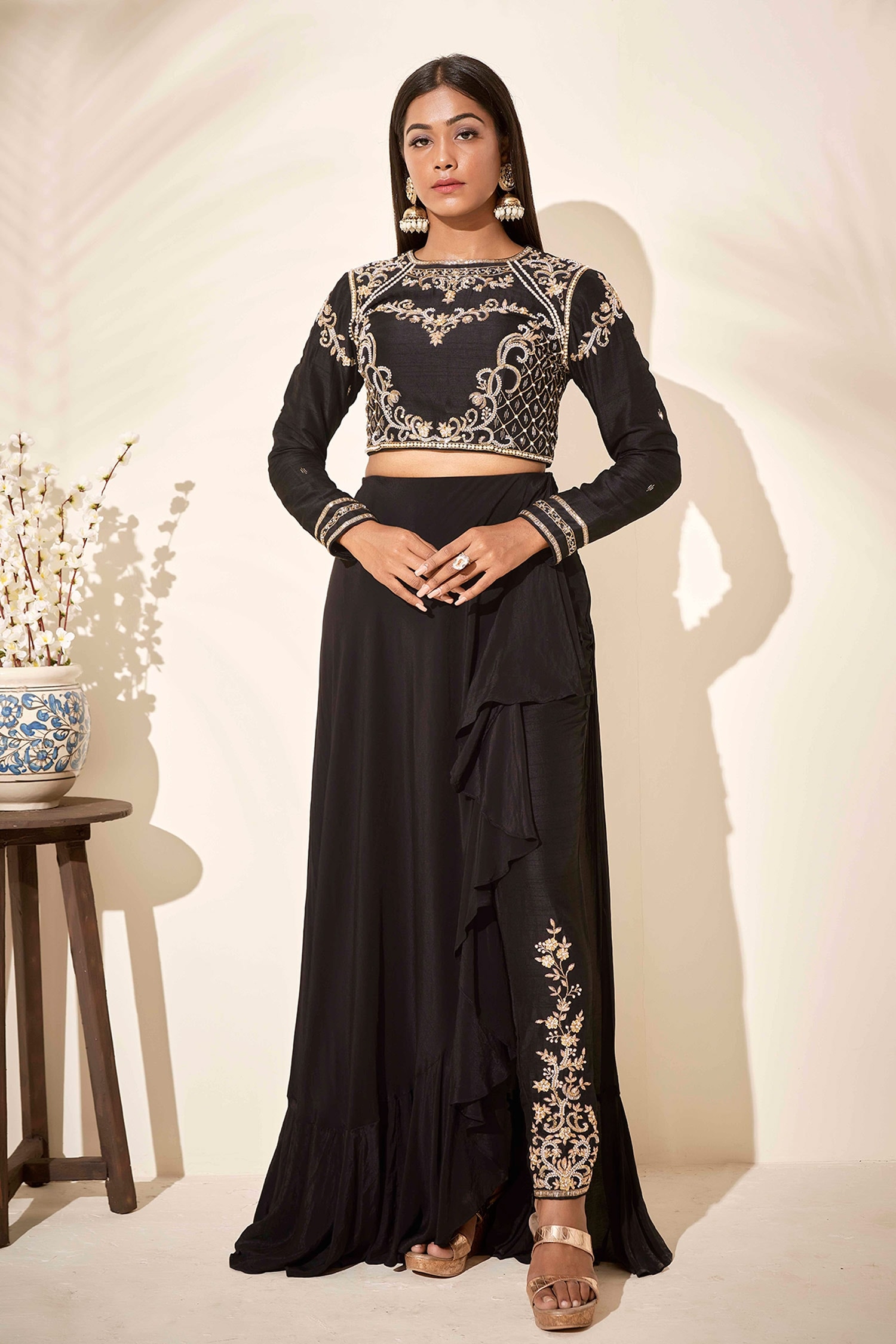 Buy Suruchi Parakh Black Tussar Silk Crop Top And Pant Set Online | Aza ...