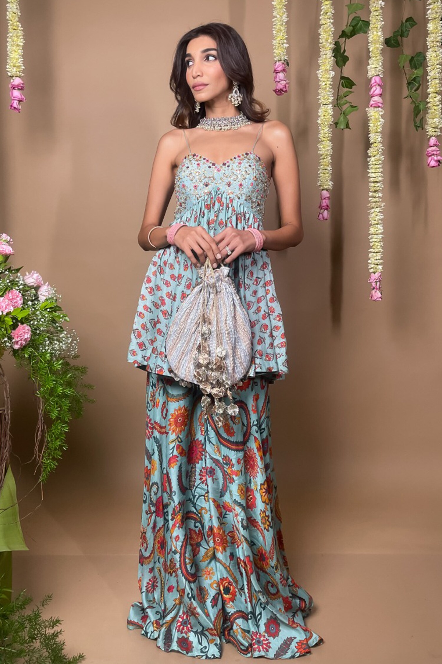 Buy Drishti & Zahabia Blue Dupion Silk Floral Print Kurta And Sharara ...