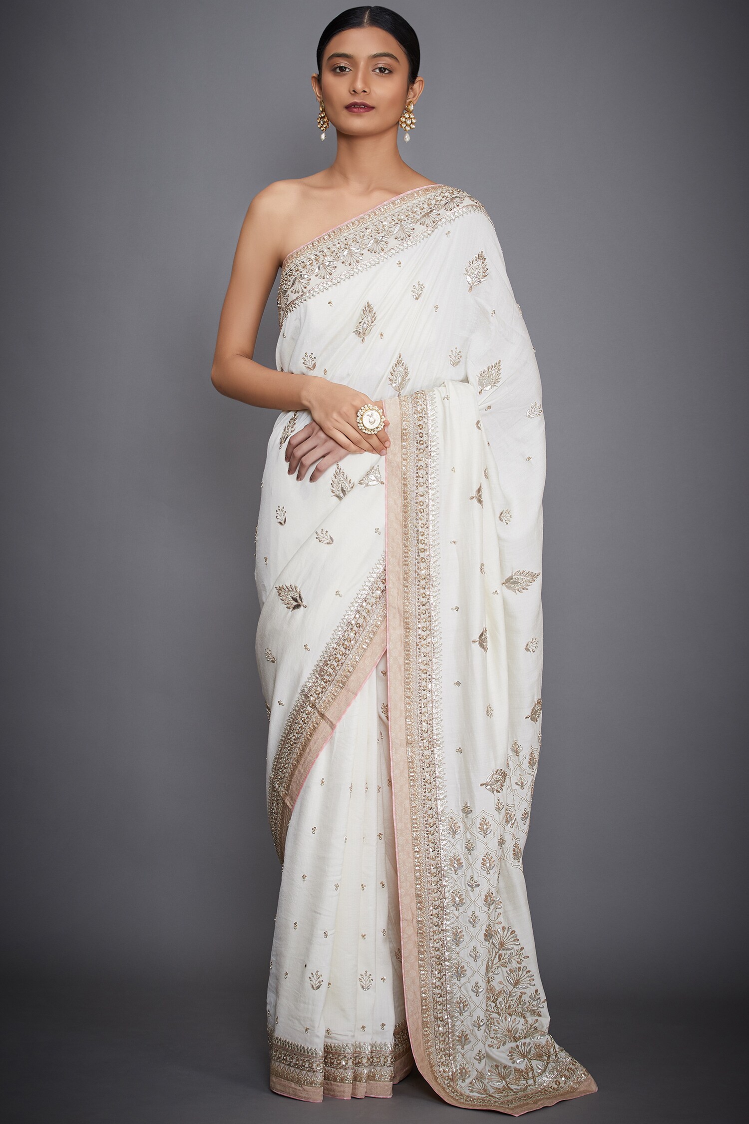 RI.Ritu Kumar Off White Embroidered Saree With Unstitched Blouse